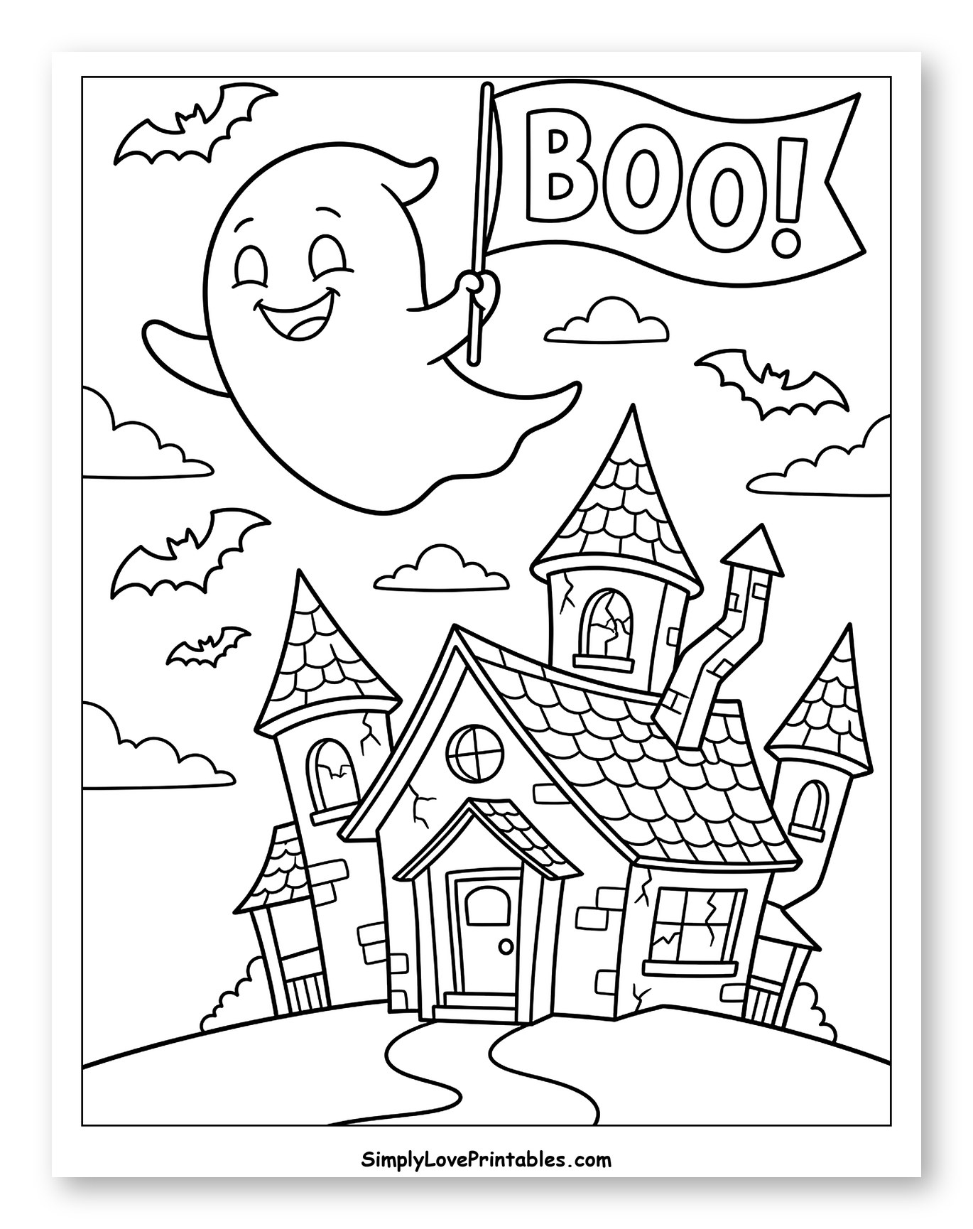Friendly Ghost Soaring with Boo Banner Coloring Page for Kids