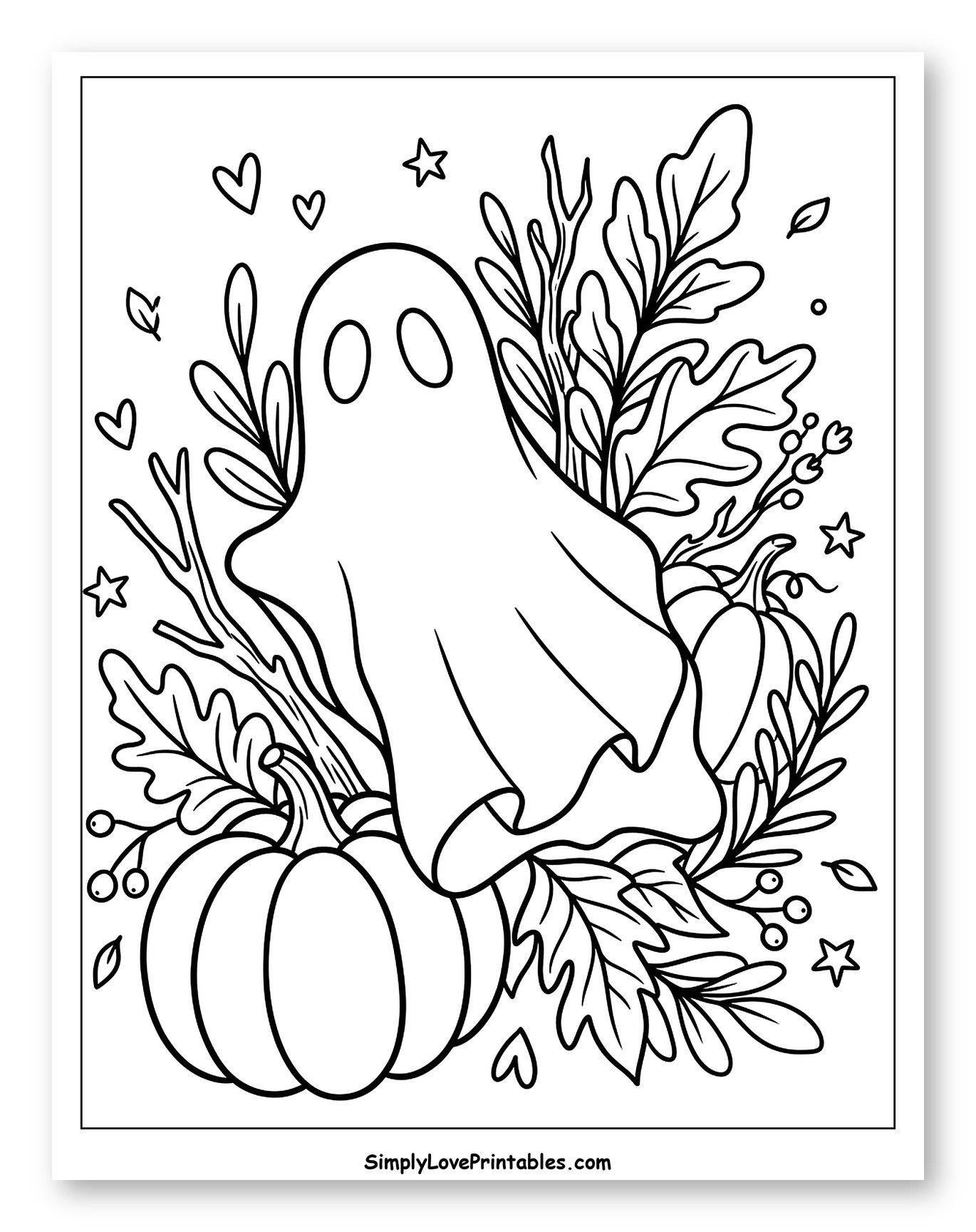 Friendly Ghost with Autumn Leaves and Pumpkins