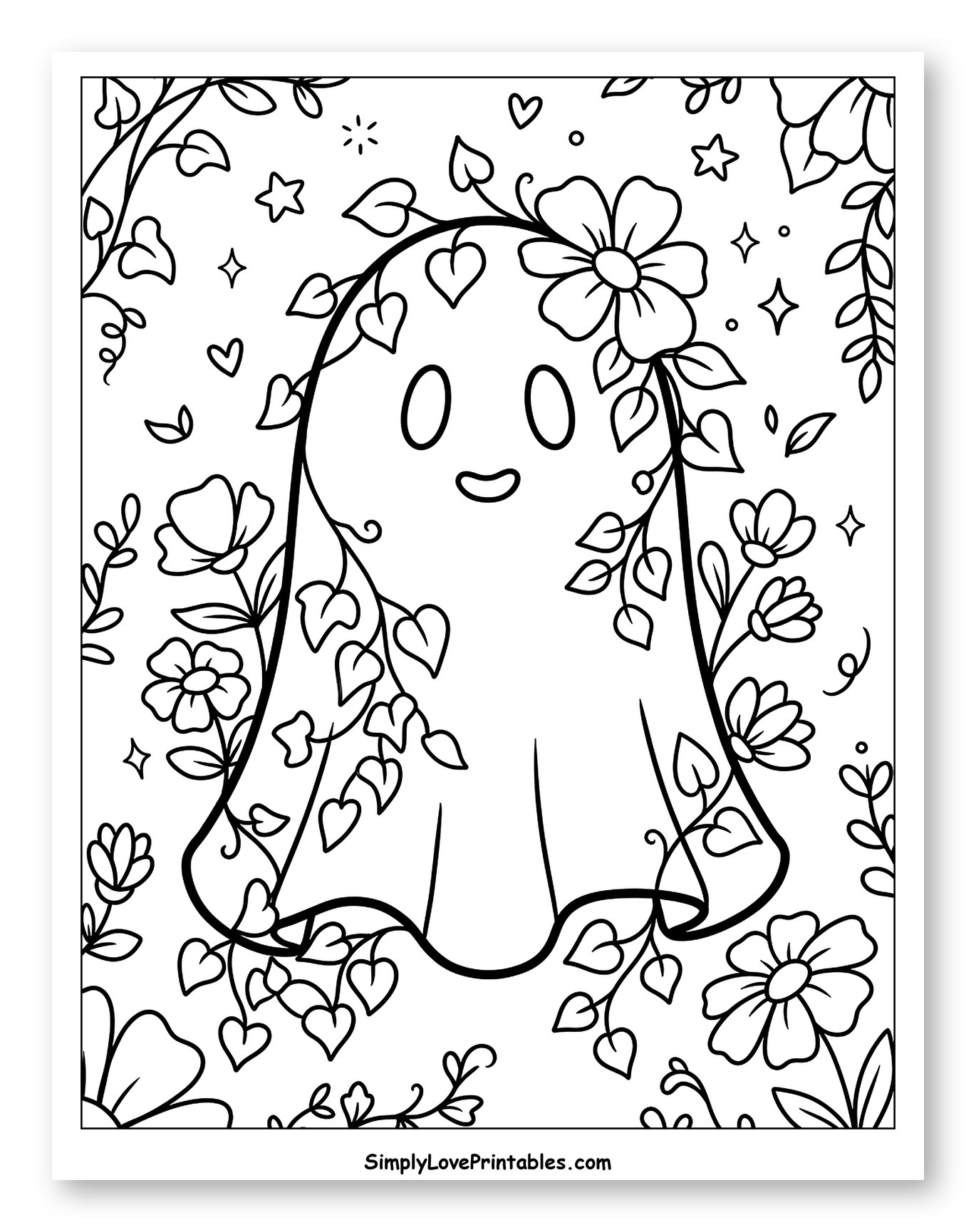 Friendly Ghost with Floral Vines and Sparkles