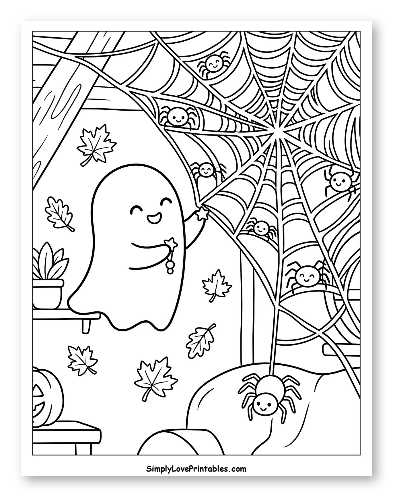 Friendly Ghost with Spiders and Autumn Leaves