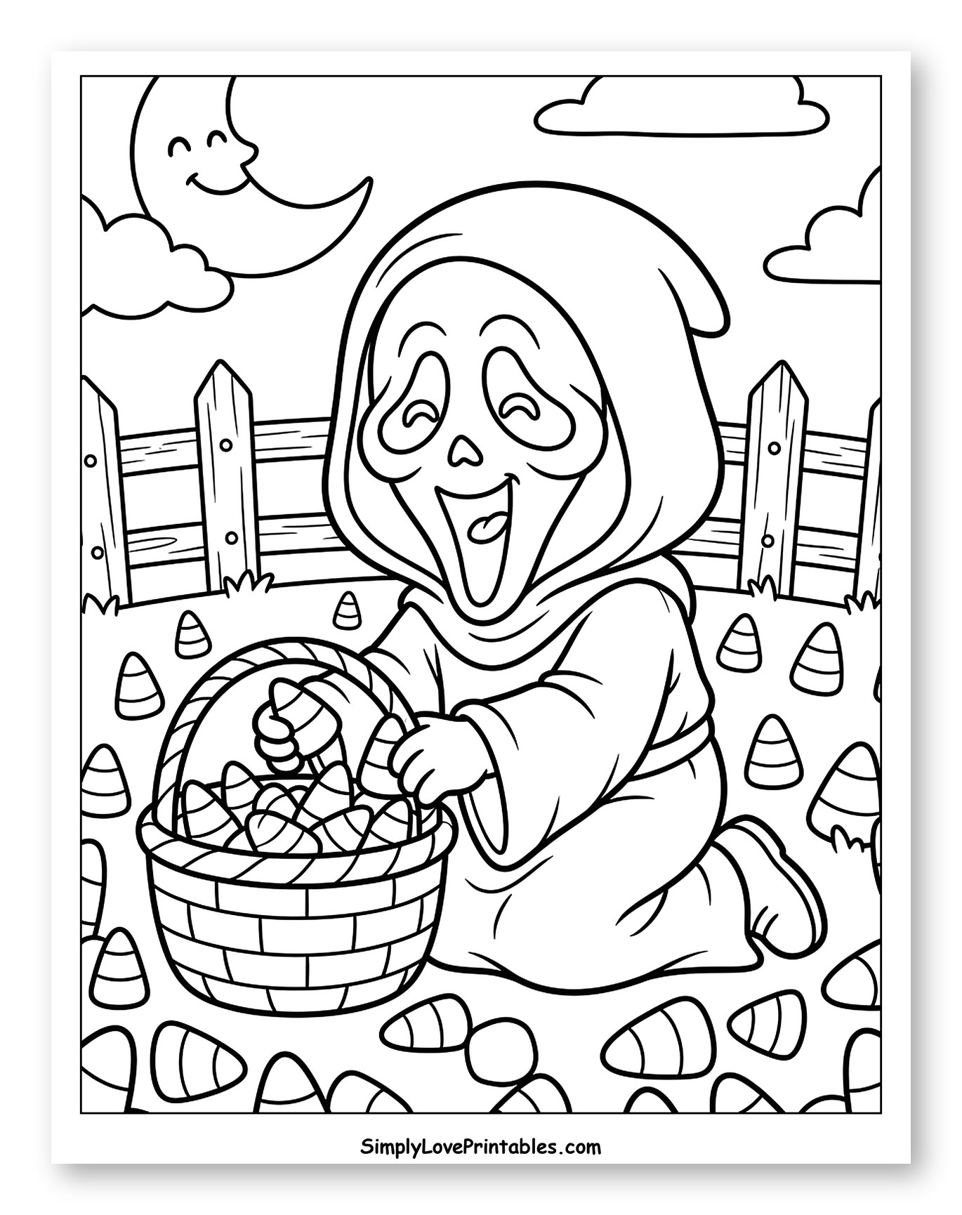 Friendly Ghostface with a Basket of Candy Corn Coloring Page for Kids