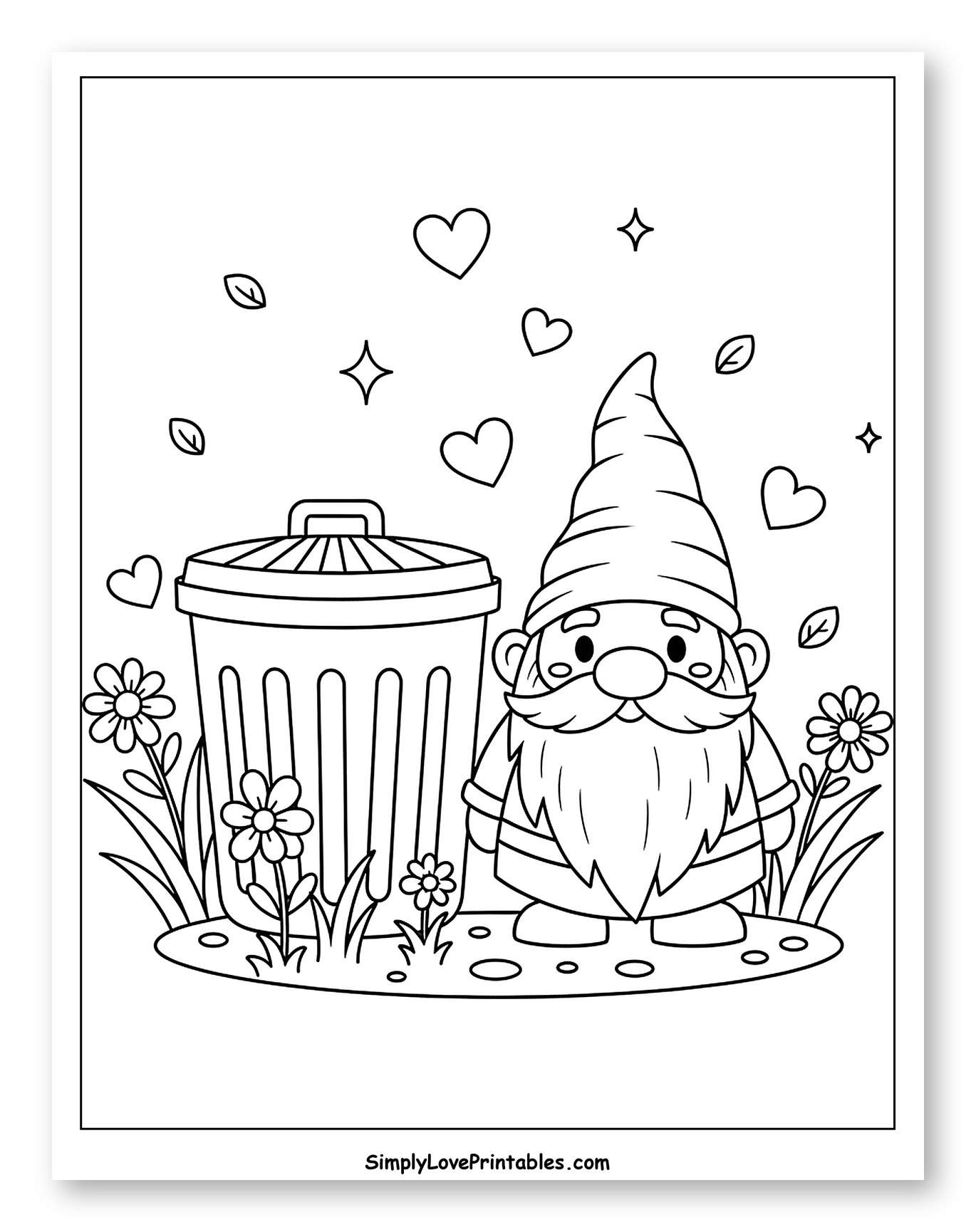 Friendly Gnome Beside a Garden Trash Bin