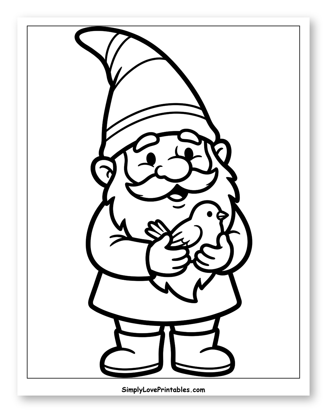 Friendly Gnome Holding Small Bird Coloring Sheet for Toddlers