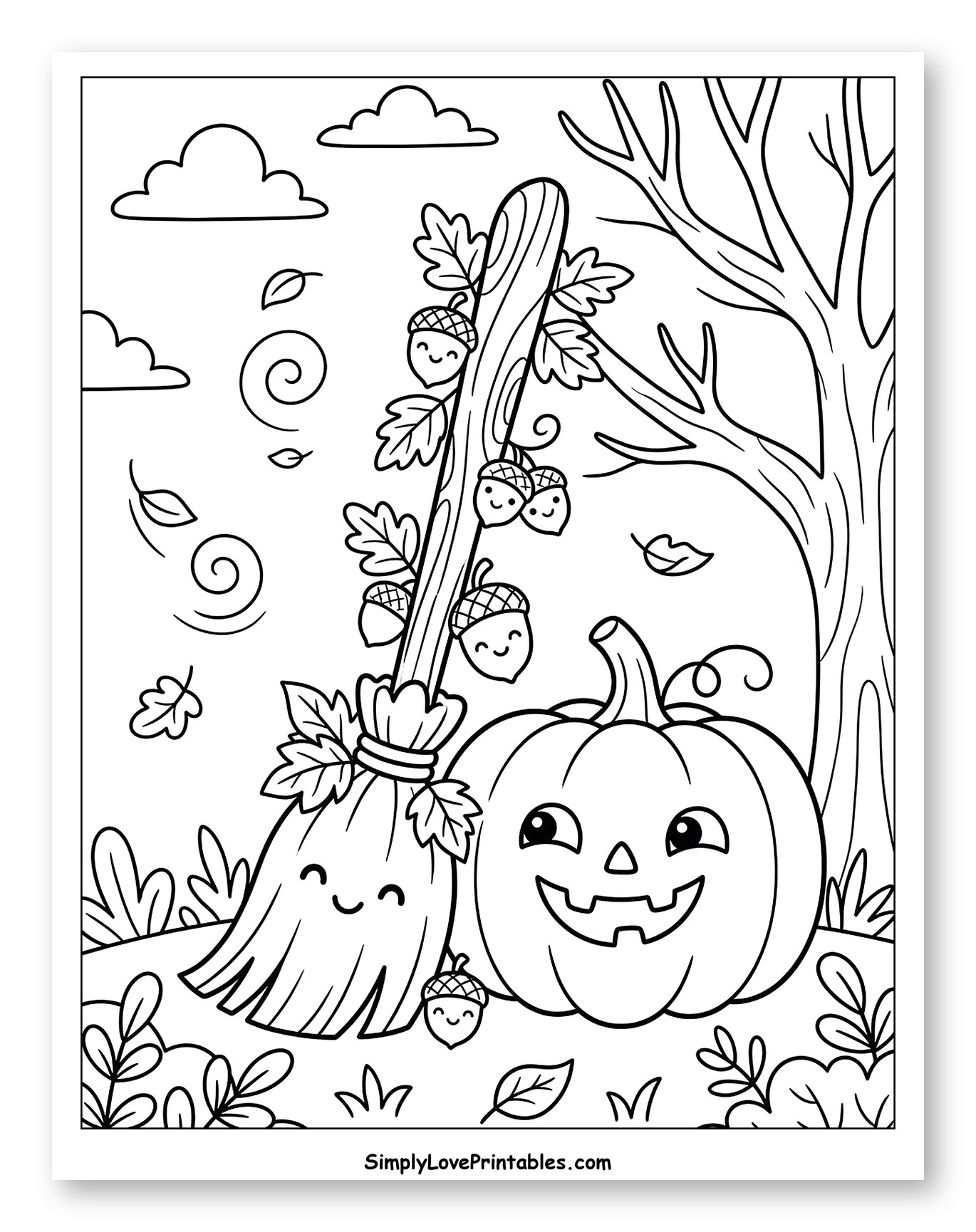 Friendly Halloween Broomstick and Smiling Pumpkin to Color for Kids