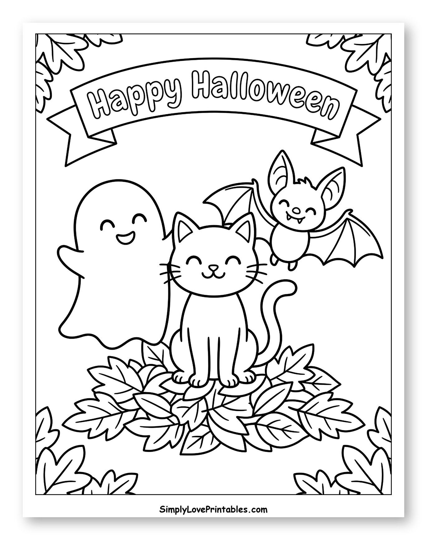 Friendly Halloween Ghost, Cat, and Bat on Leaves