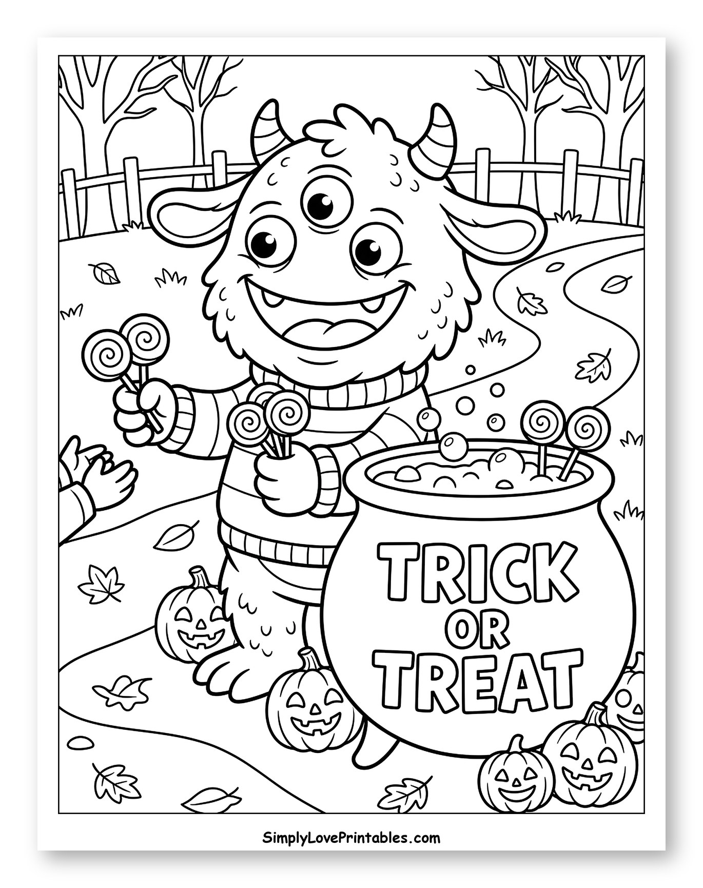 Friendly Halloween Monster with Candy and Pumpkins