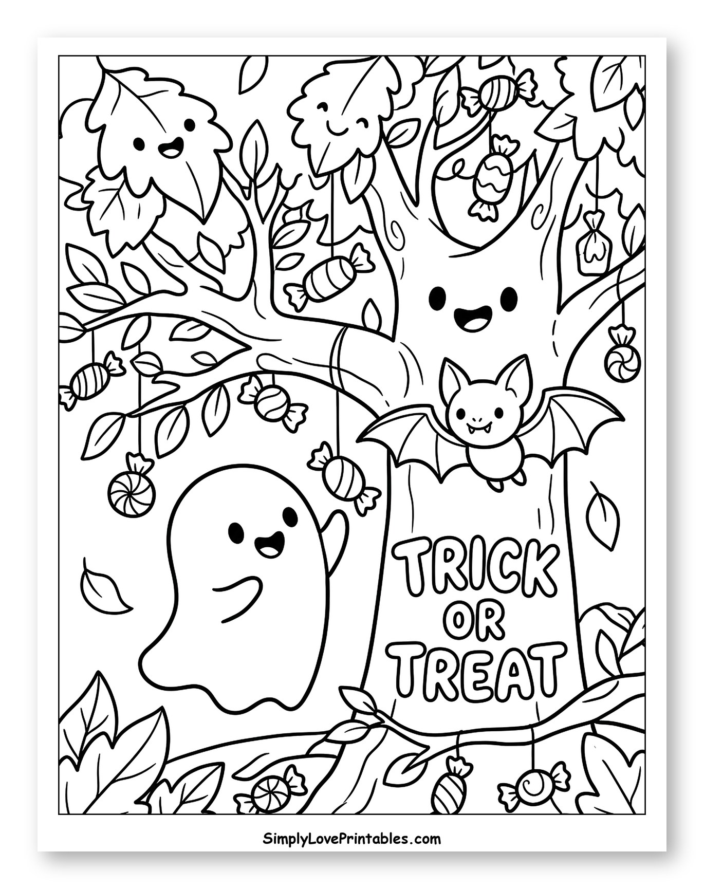 Friendly Halloween Tree with Ghost and Bat