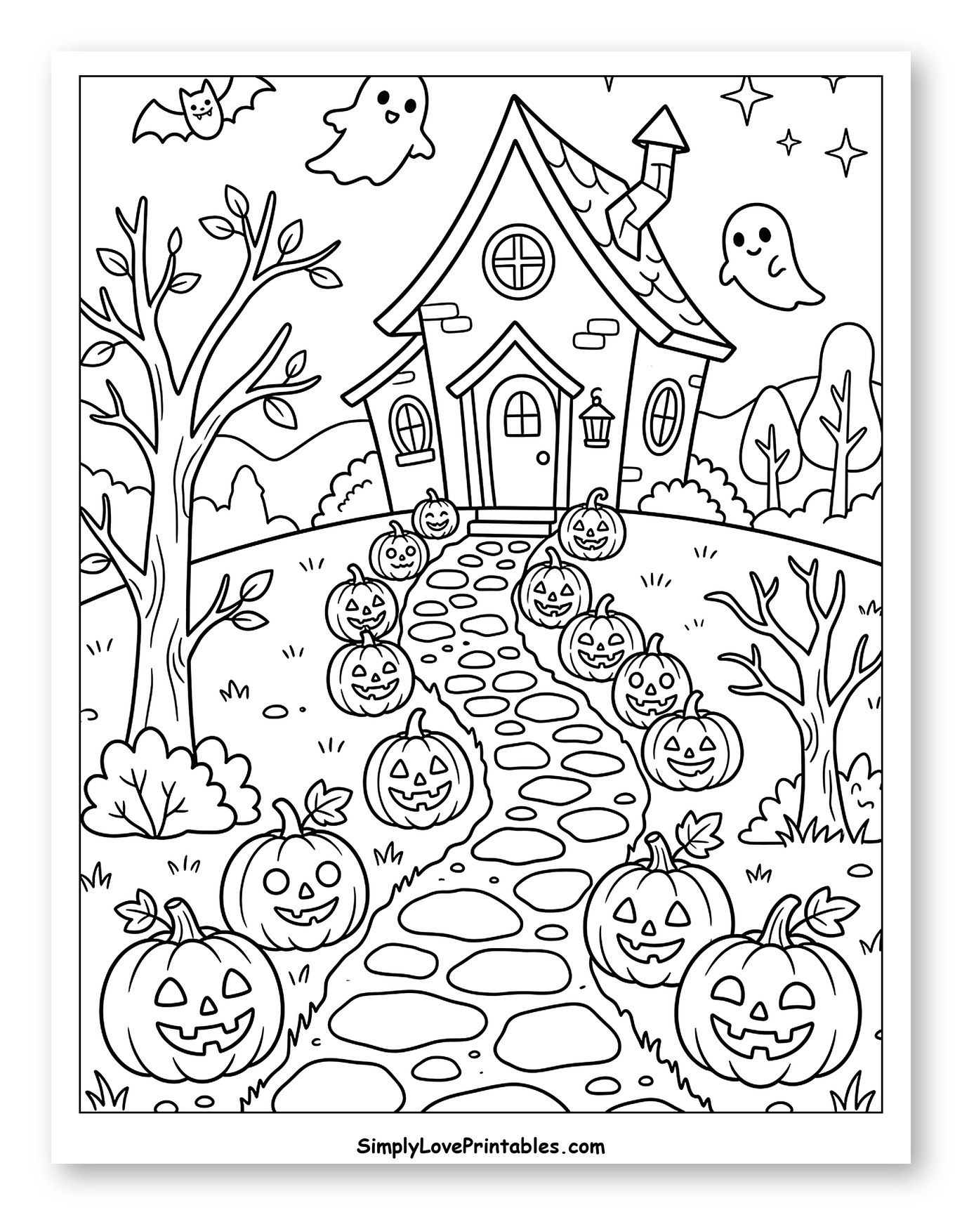 Friendly Haunted House with Pumpkin Path and Ghosts Coloring Sheet for Kids