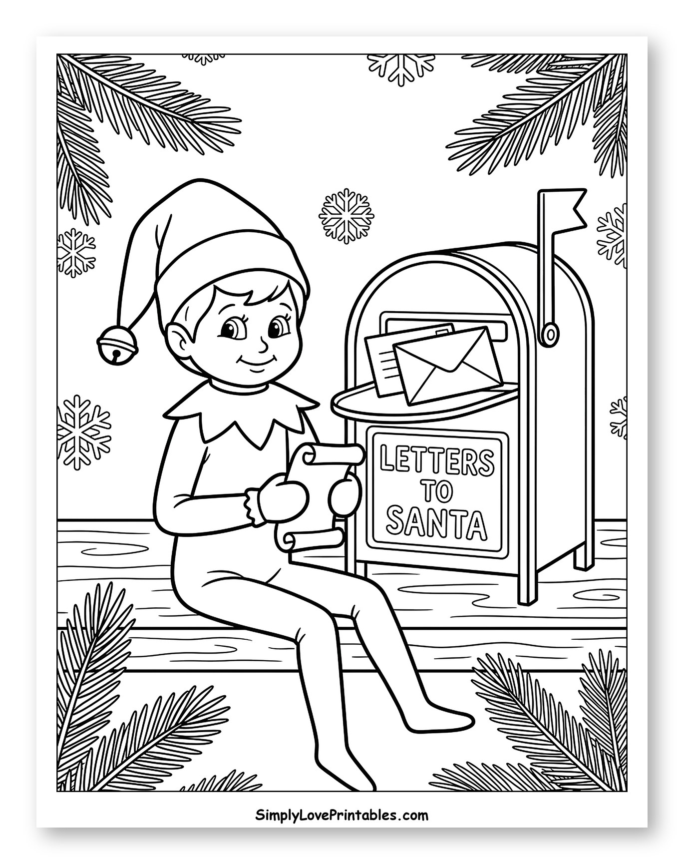 Friendly Holiday Elf with Letters to Santa Coloring Sheet for Kids