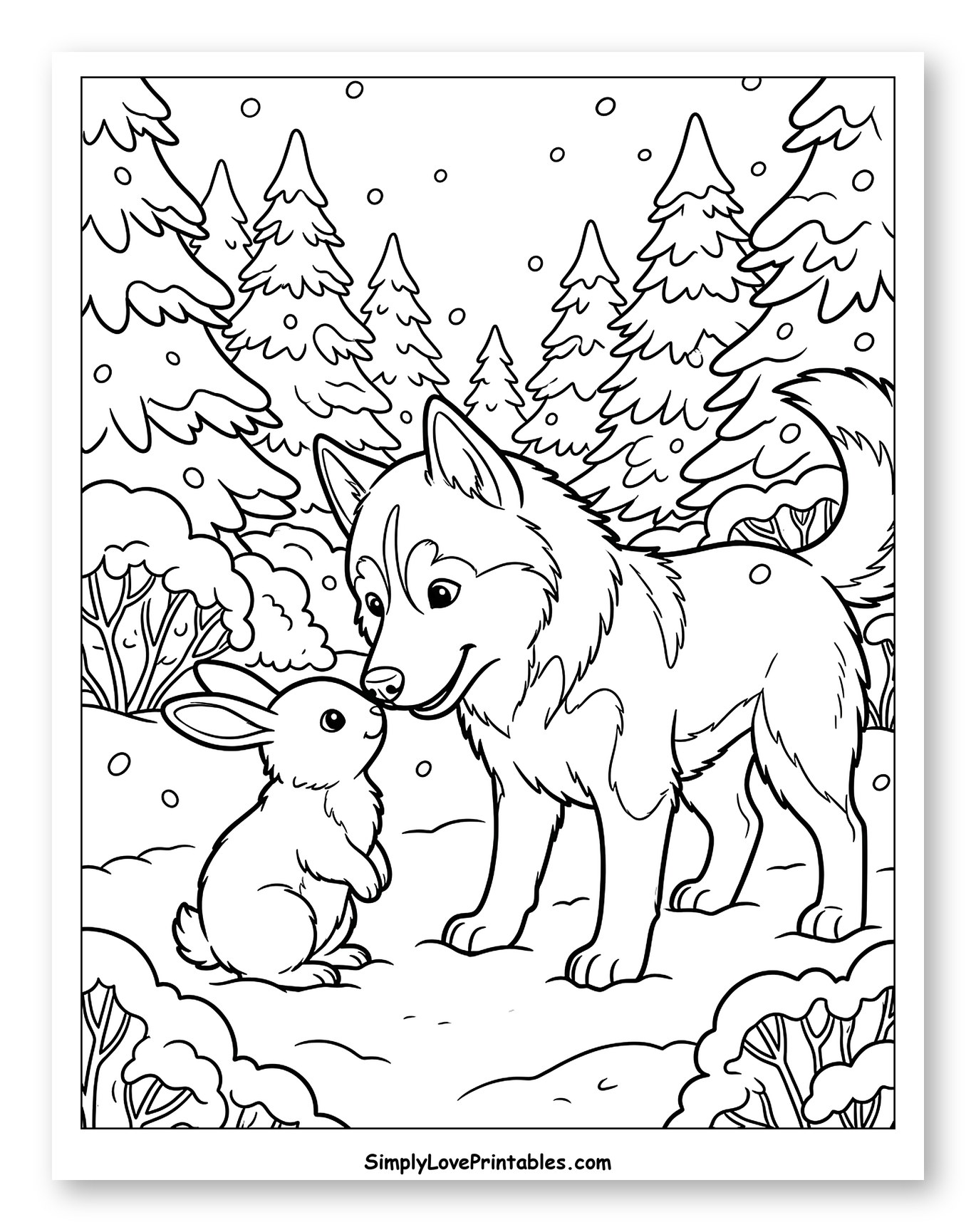 Friendly Husky Meets Cute Bunny in Snow Coloring Page for Kids