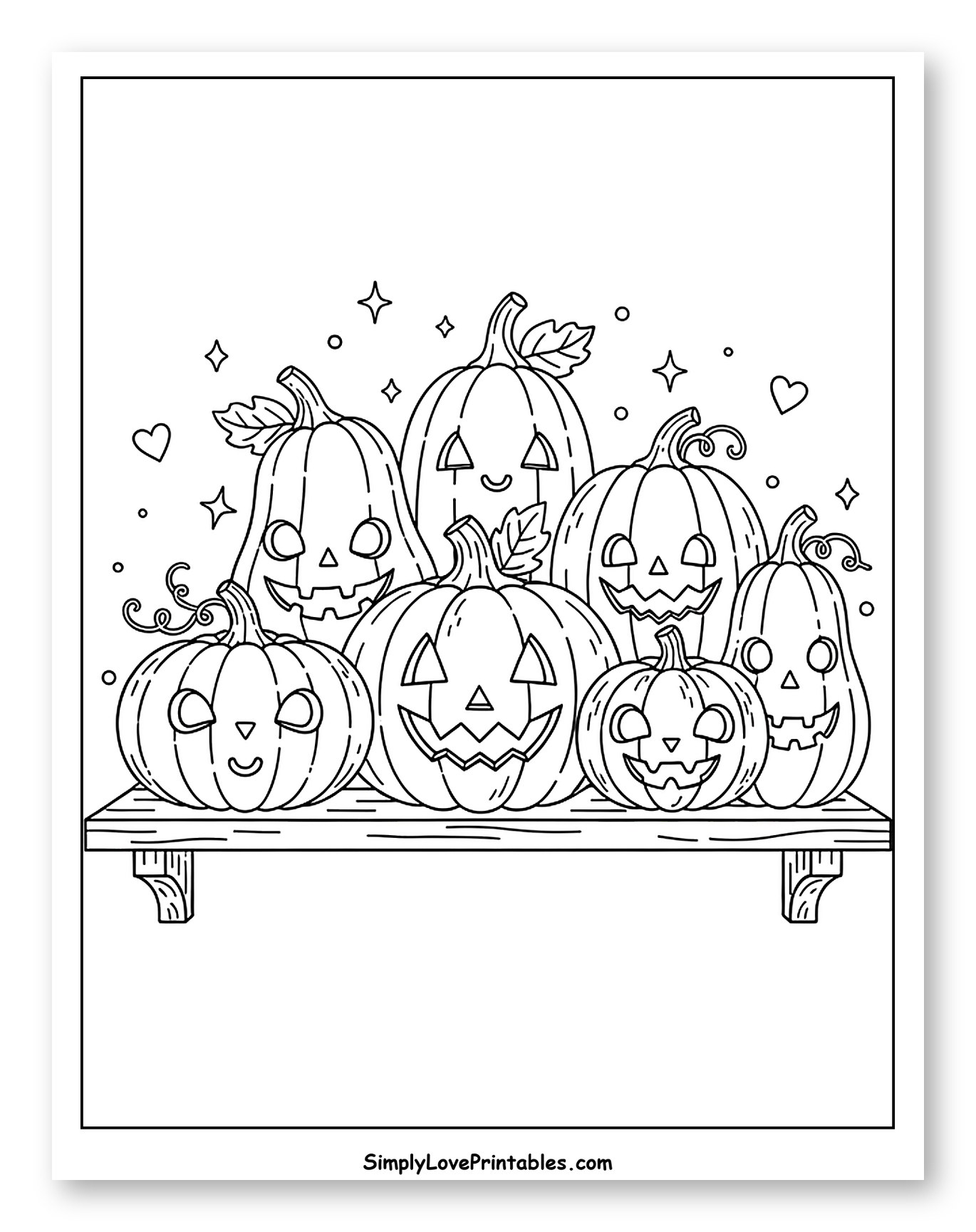 Friendly Jack-o'-Lanterns on a Wooden Shelf