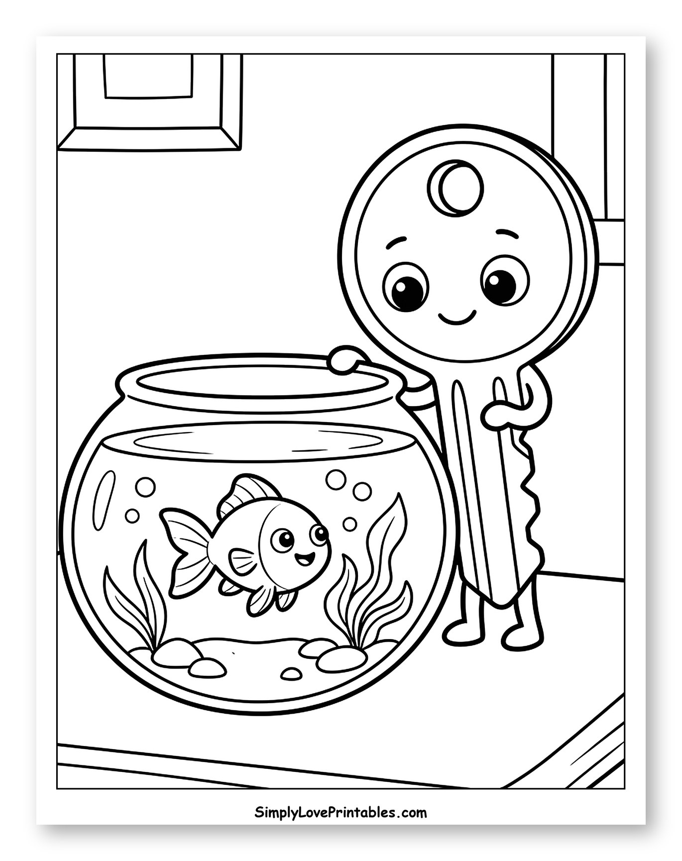 Friendly Key and Goldfish Aquarium Scene Coloring Sheet for Kids