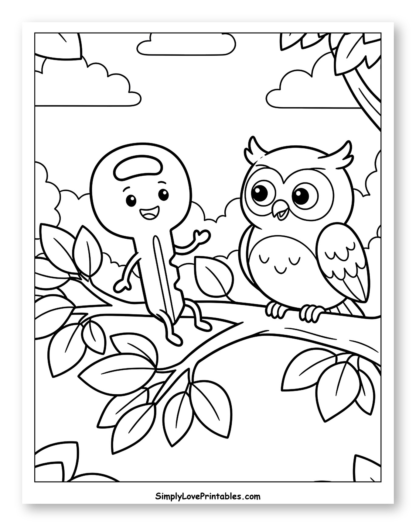 Friendly Key Character and Owl on Branch