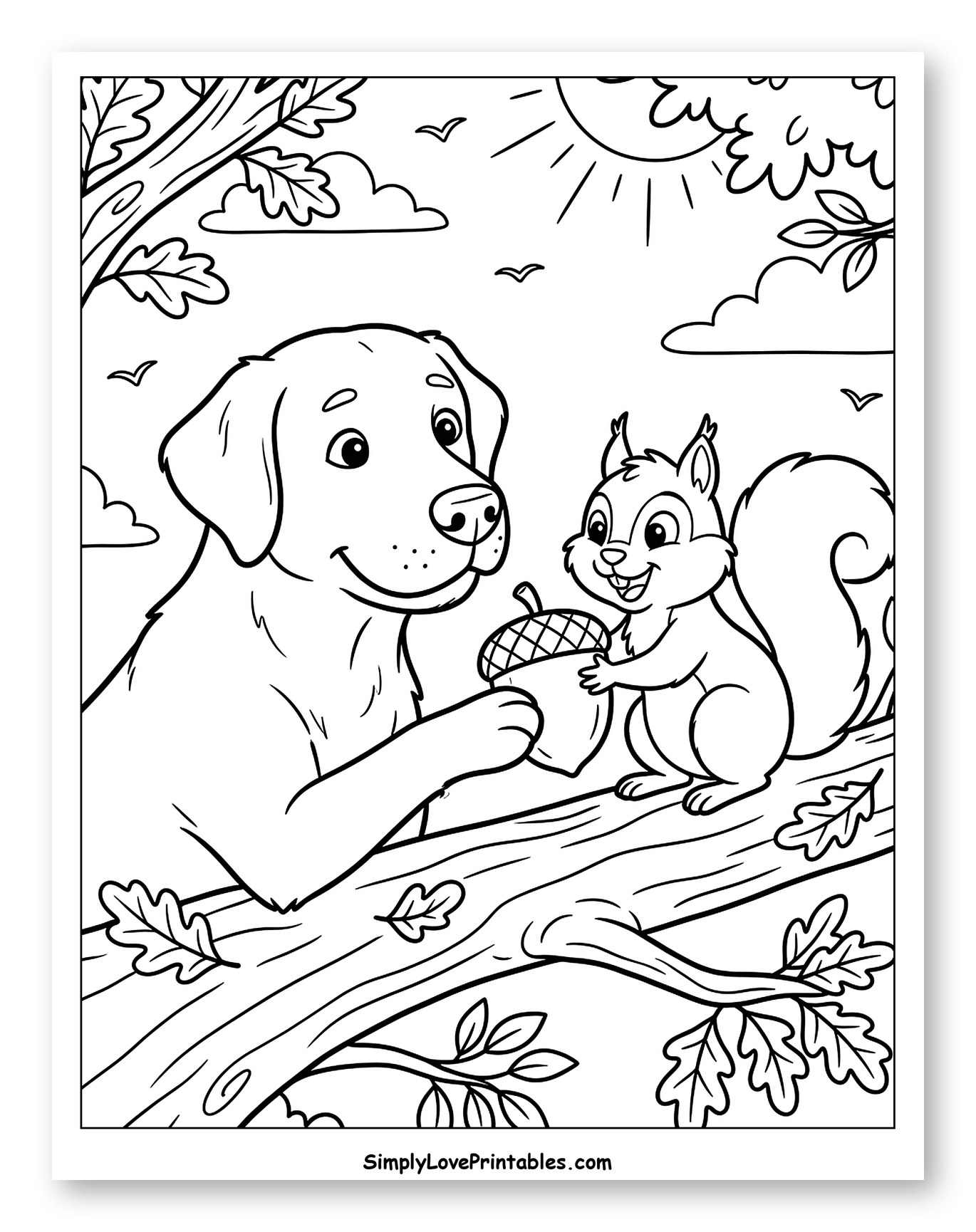 Friendly Labrador Gives Acorn to Squirrel Coloring Sheet for Kids