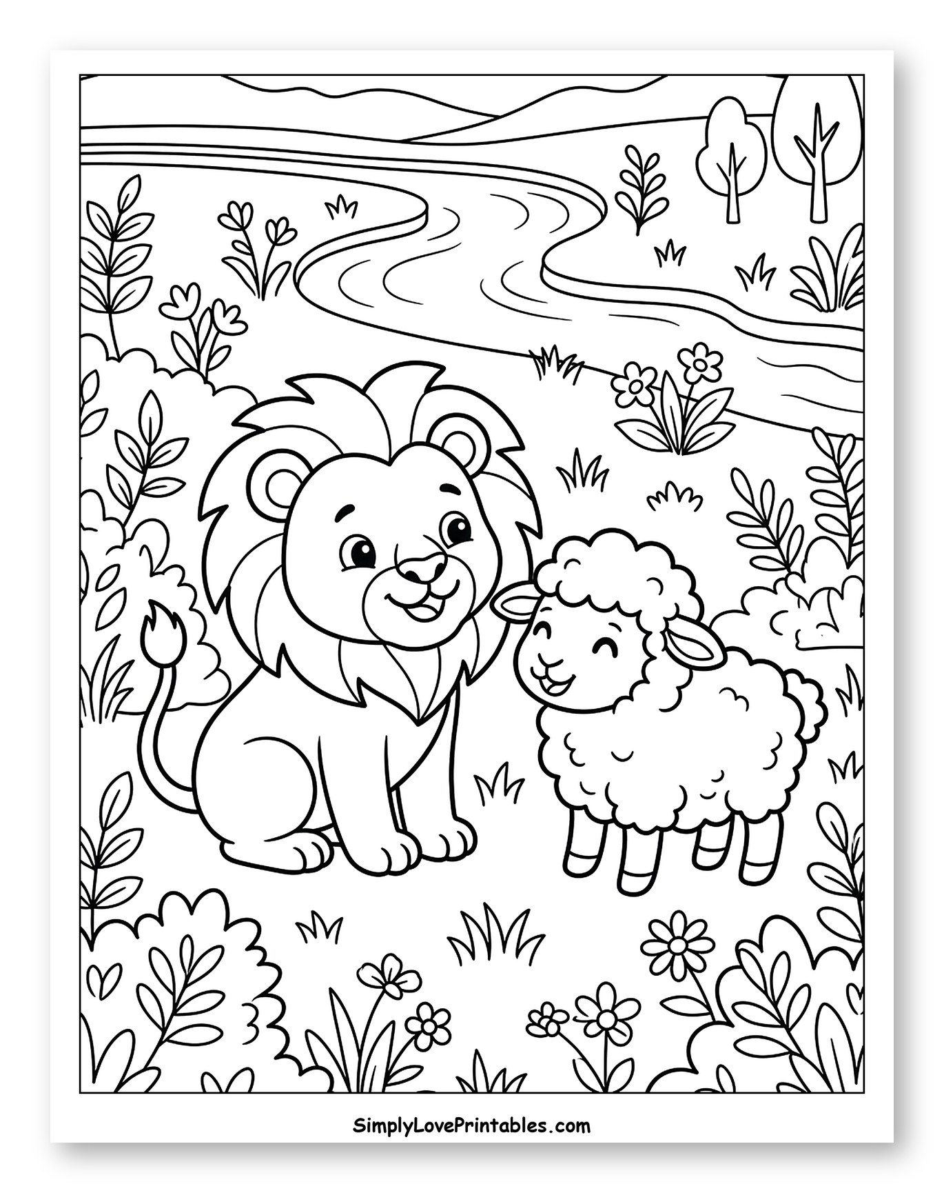 Friendly Lion and Lamb Playing Coloring Sheet for Kids