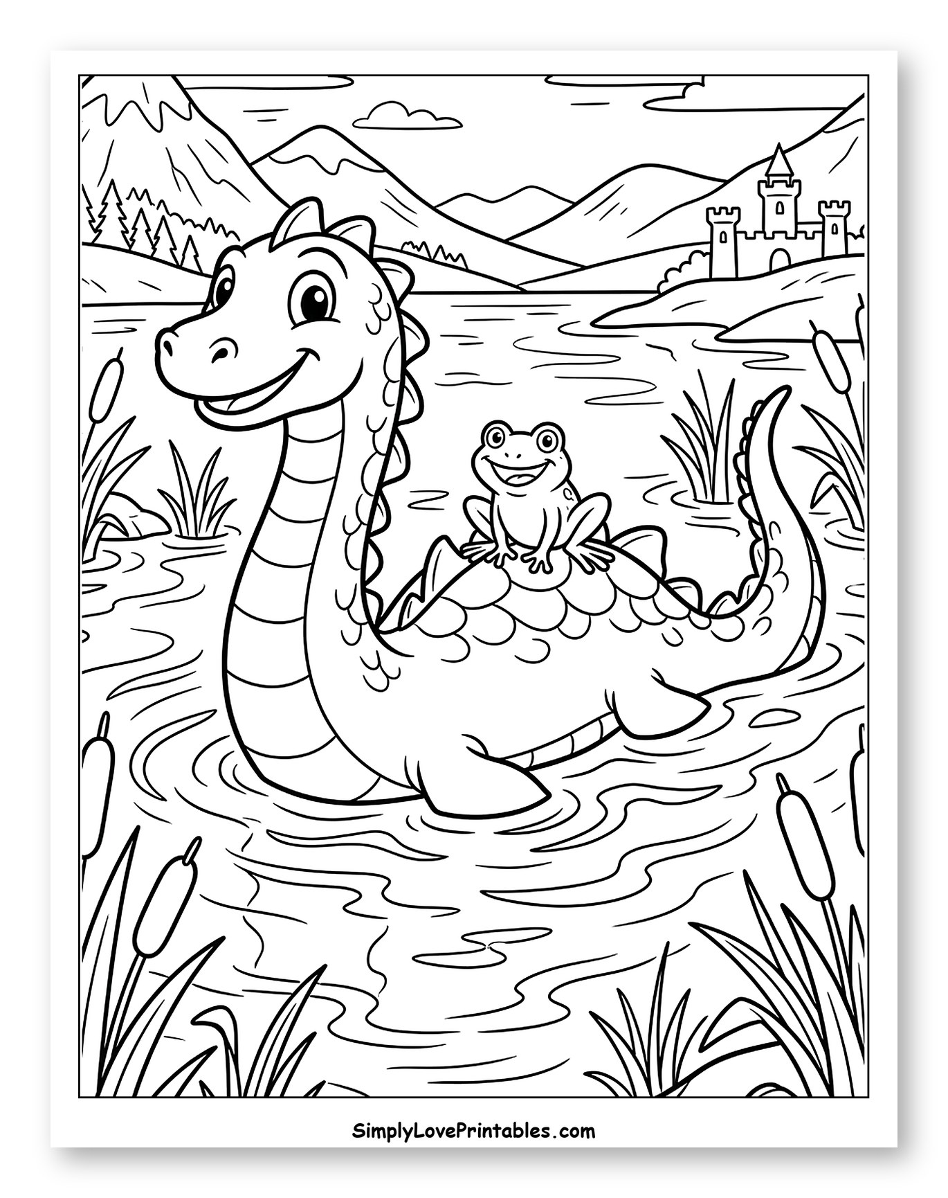 Friendly Loch Ness Monster with Frog in Lake to Color for Kids