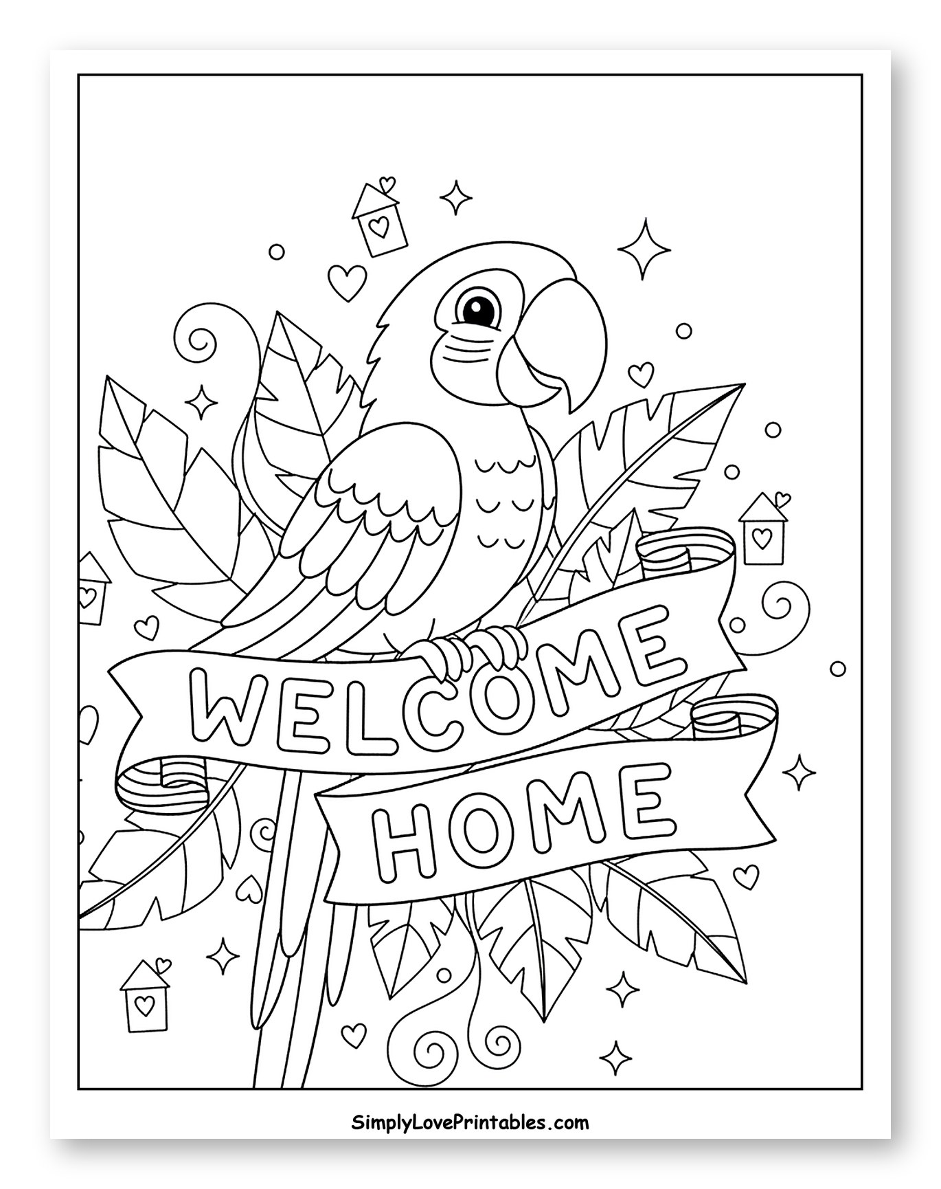 Friendly Macaw Holding Welcome Home Banner to Color for Adults