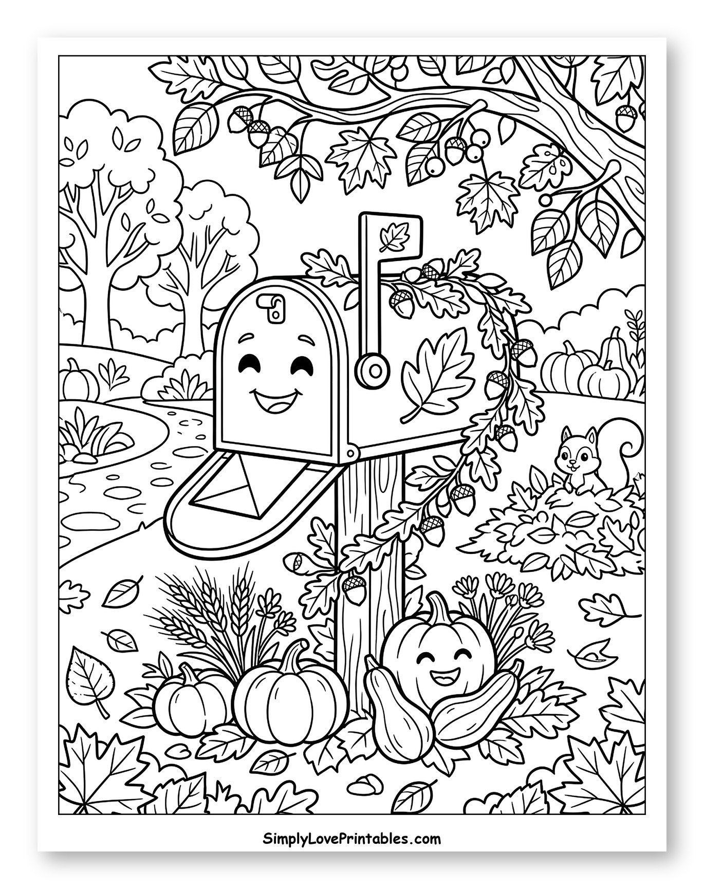 Friendly Mailbox with Fall Pumpkins and Squirrel Coloring Sheet for Kids