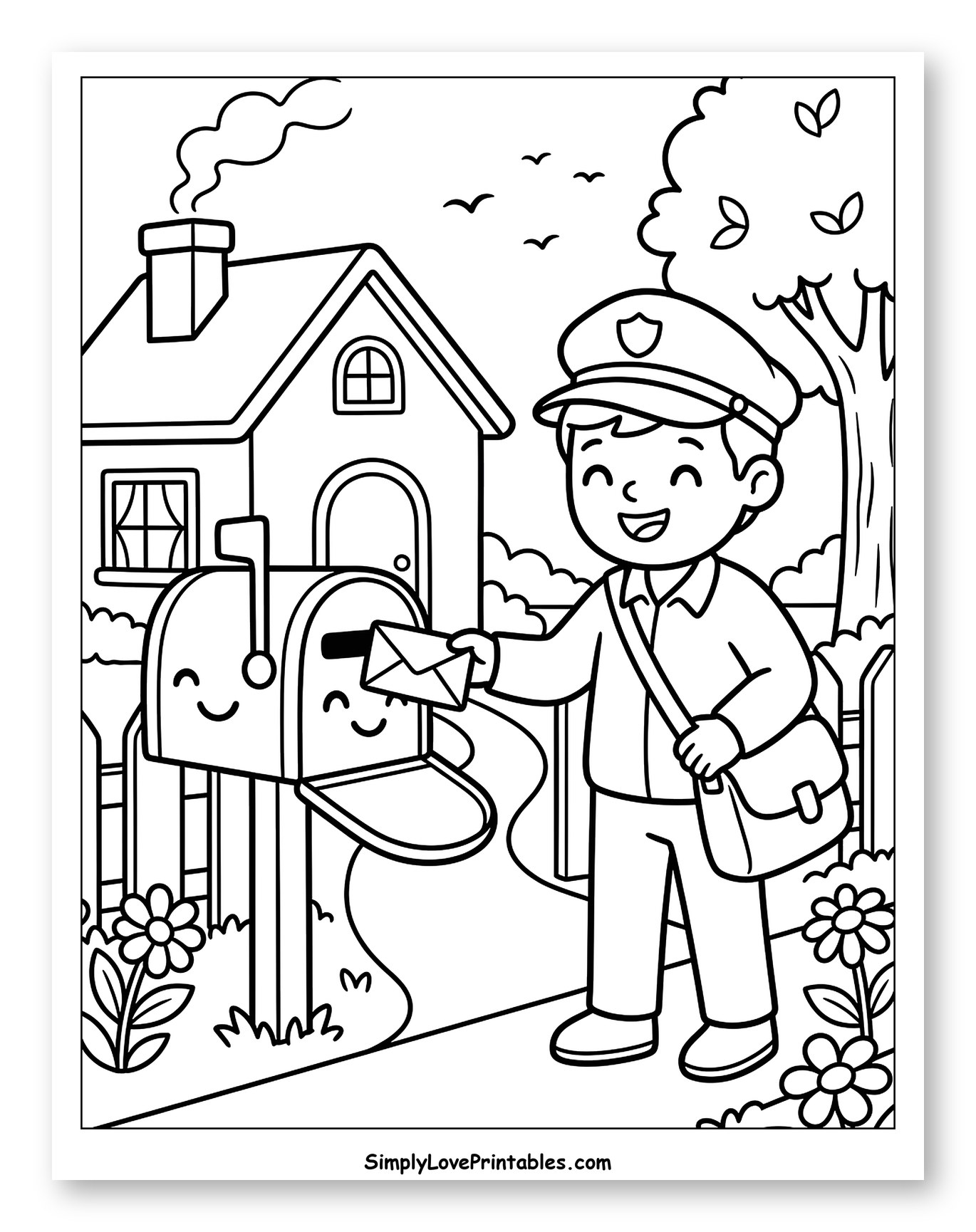 Friendly Mailman Delivering Letter to Mailbox Coloring Page for Kids