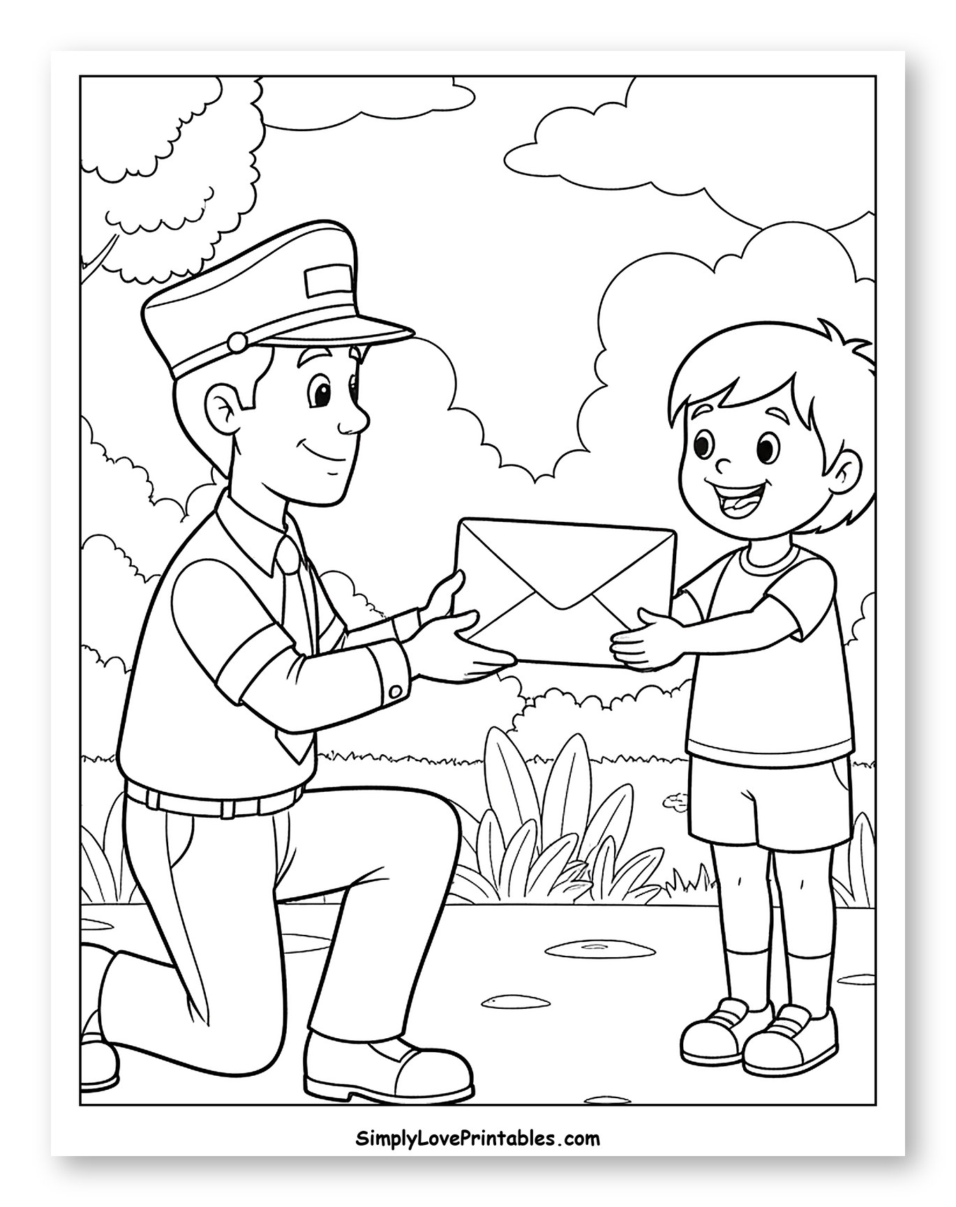 Friendly Mailman Handing Letter to Child to Color for Kids