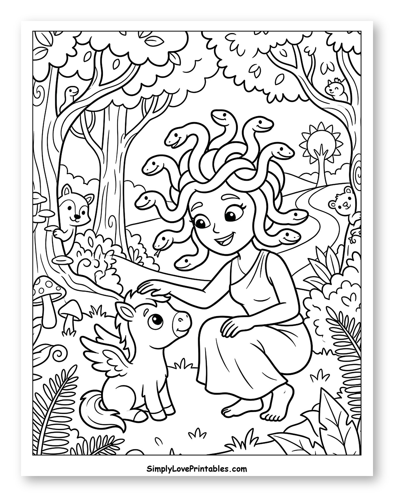 Friendly Medusa and Pegasus in the Forest to Color for Kids