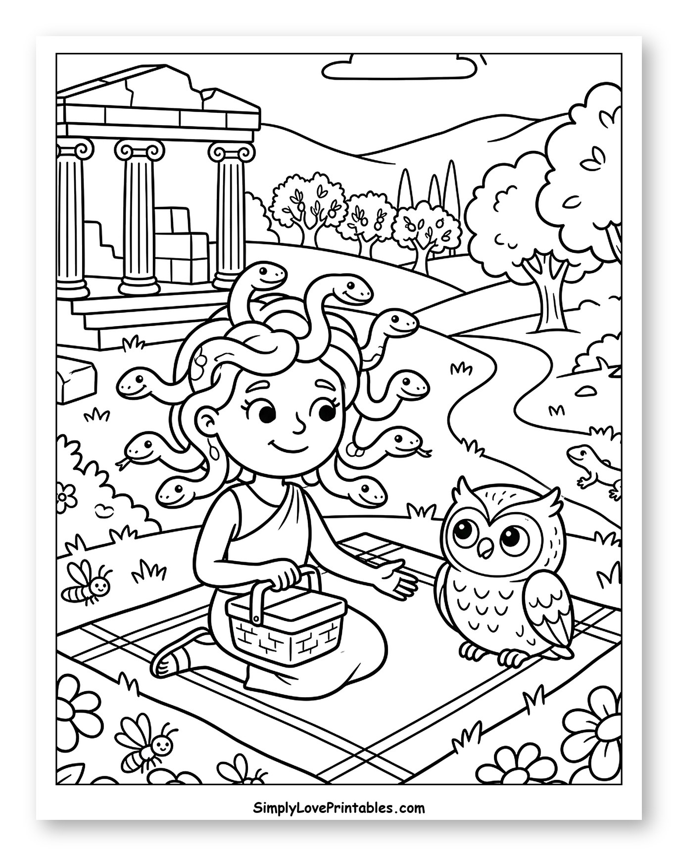Friendly Medusa Picnicking with an Owl to Color for Kids