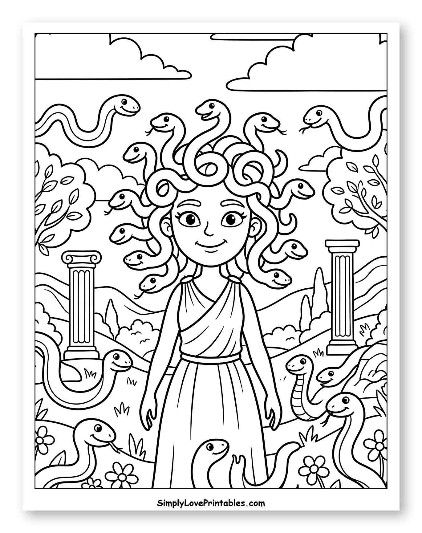Friendly Medusa Standing Among Snakes Coloring Sheet for Kids