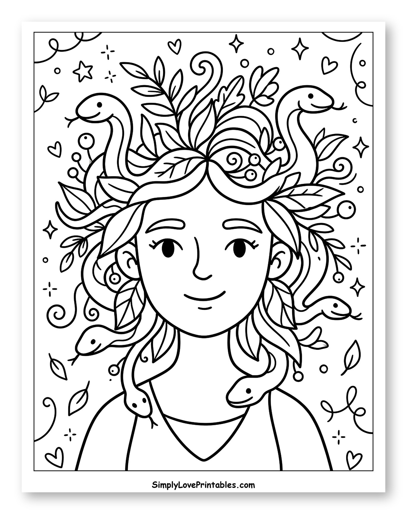 Friendly Medusa with Floral and Snake Hair Coloring Sheet for Adults