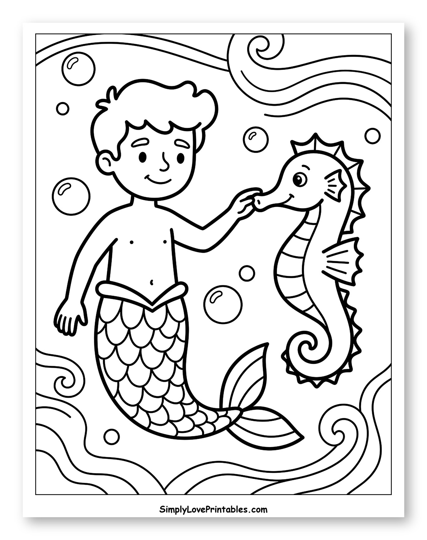 Friendly Merman Playing with a Seahorse to Color for Toddlers