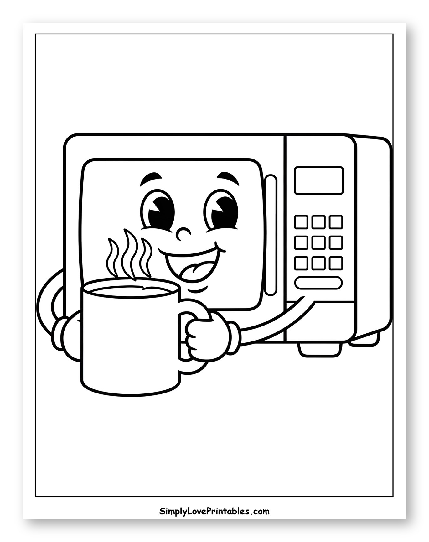 Friendly Microwave with Steaming Coffee Cup Coloring Sheet for Toddlers