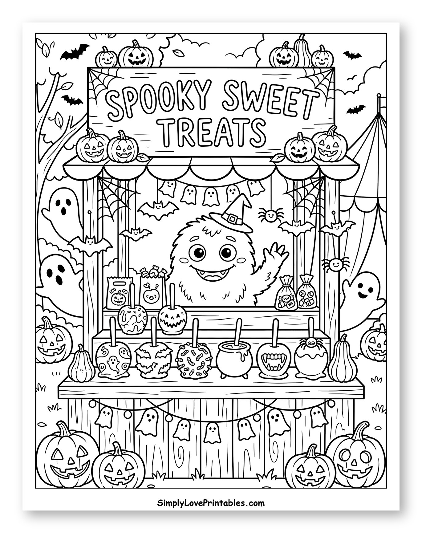 Friendly Monster Selling Spooky Sweet Treats Coloring Sheet for Kids