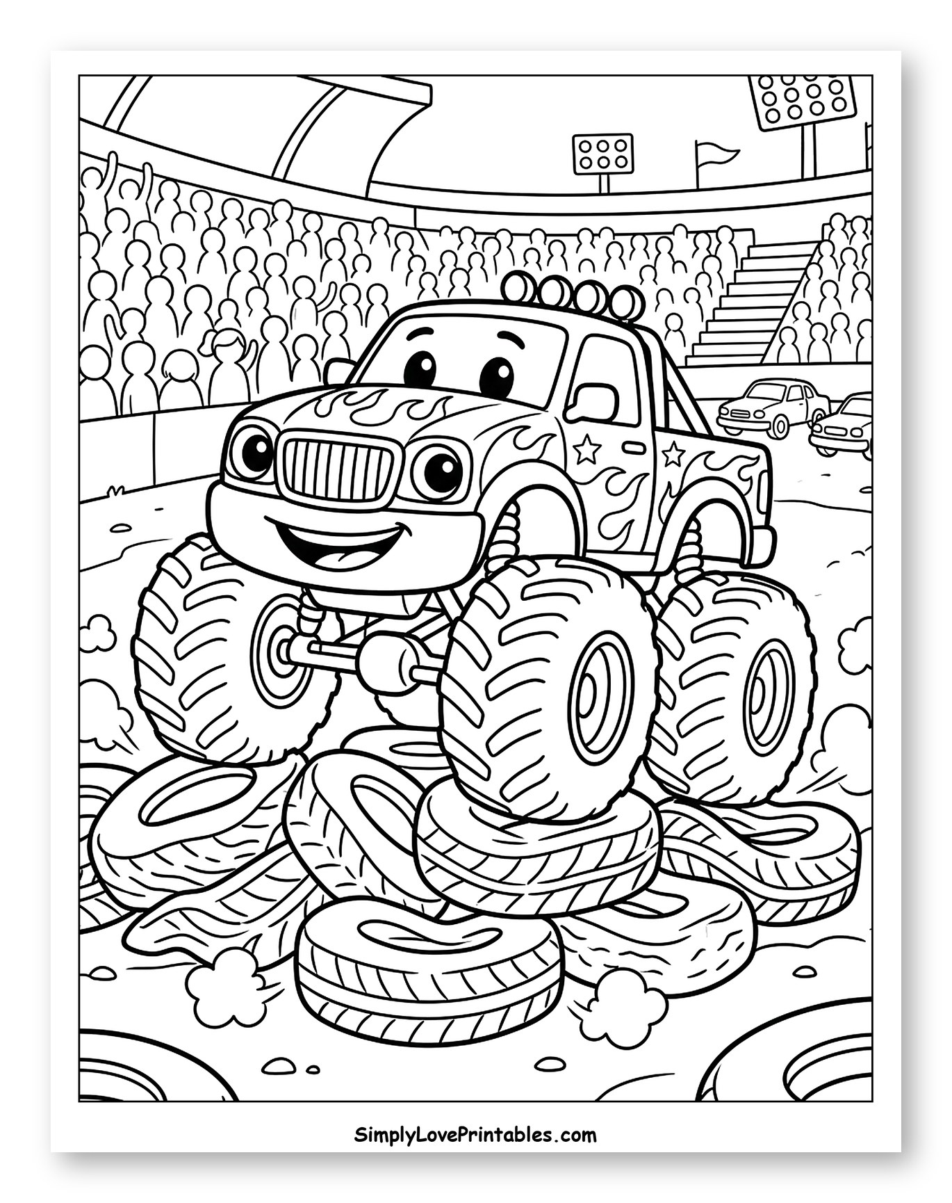 Friendly Monster Truck Crushing Tires at Stadium