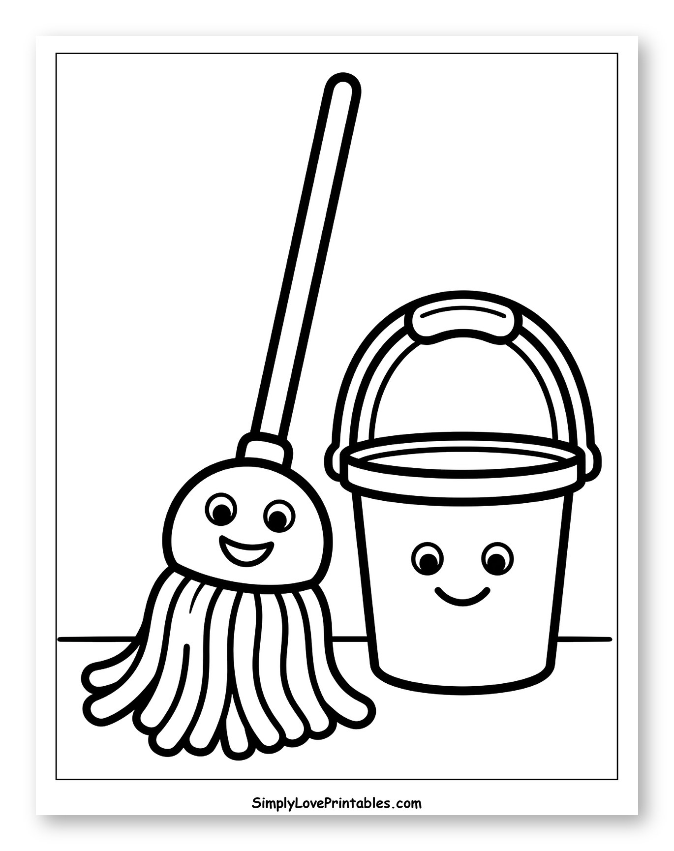 Friendly Mop and Bucket Set Coloring Sheet for Toddlers