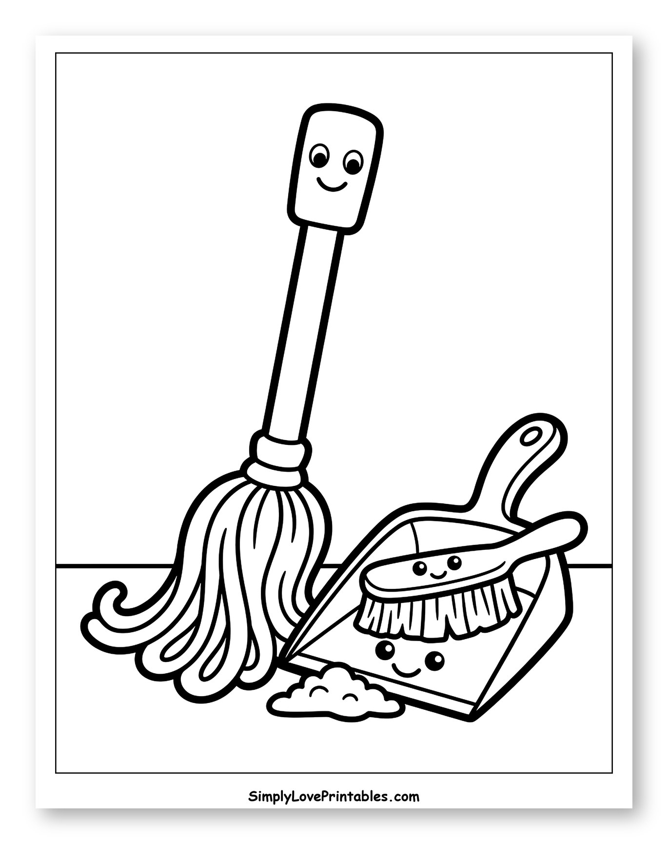 Friendly Mop and Dustpan with Brush Coloring Page for Toddlers