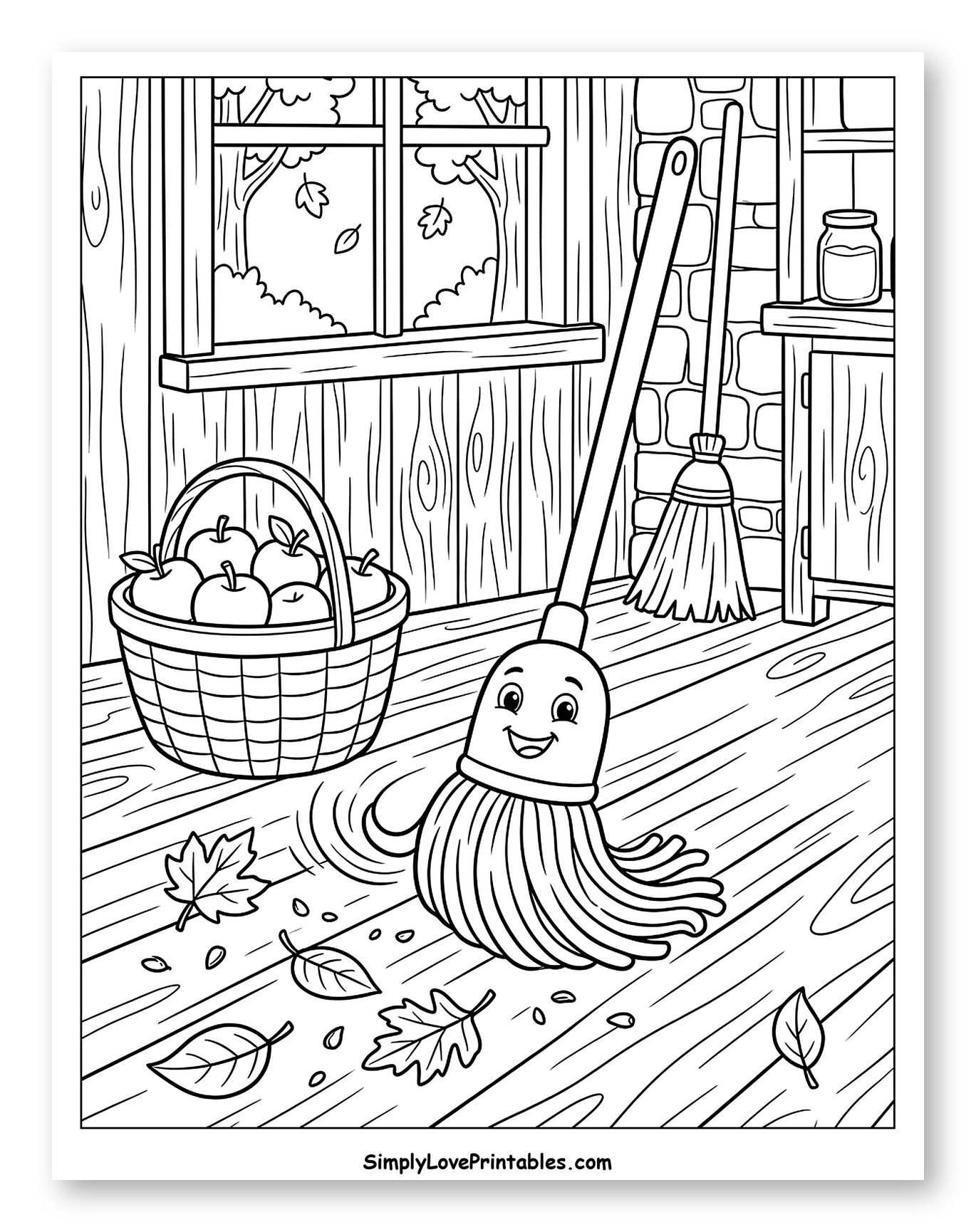 Friendly Mop Sweeping Leaves by the Window to Color for Kids