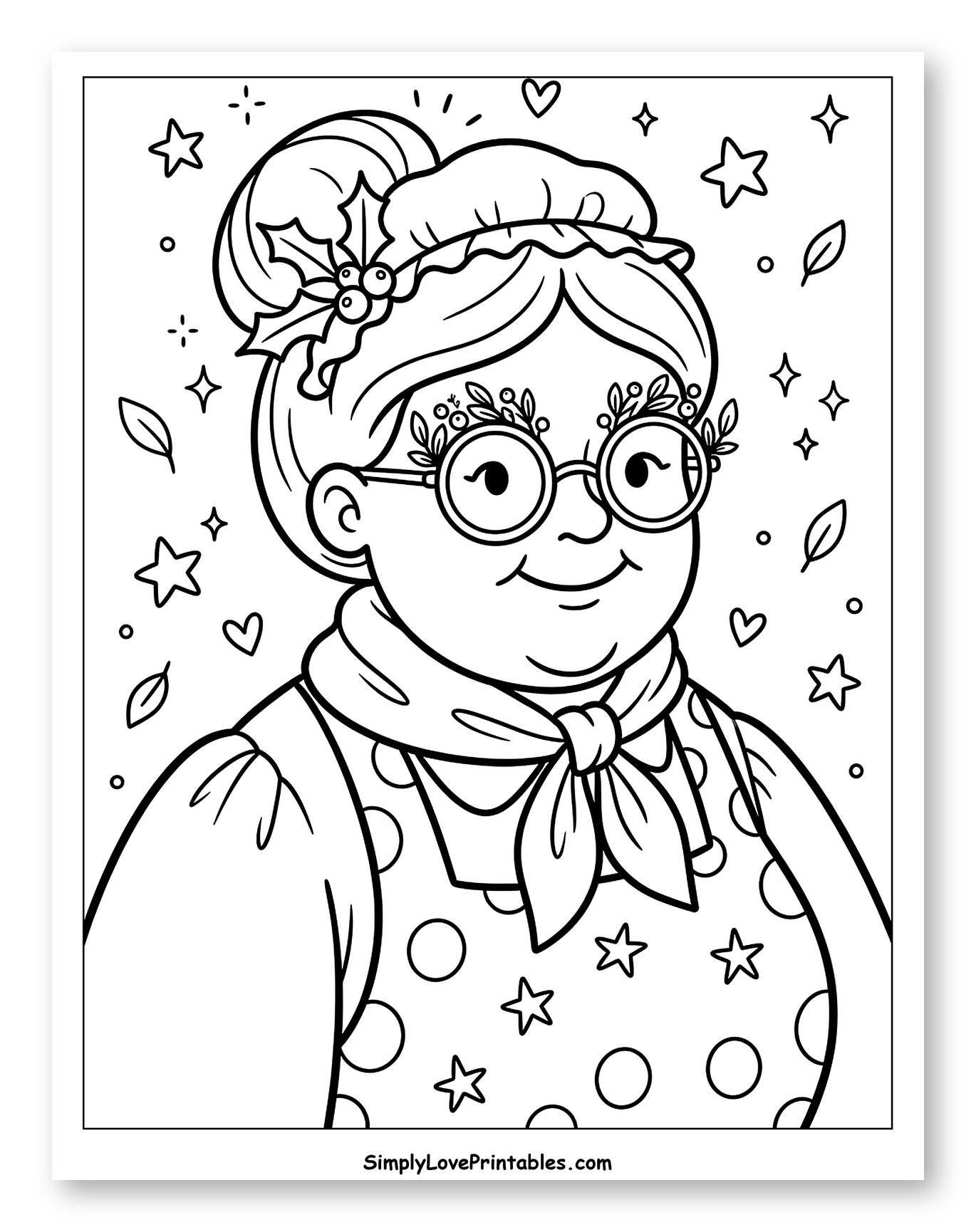 Friendly Mrs Claus Wearing Festive Glasses Coloring Page for Adults