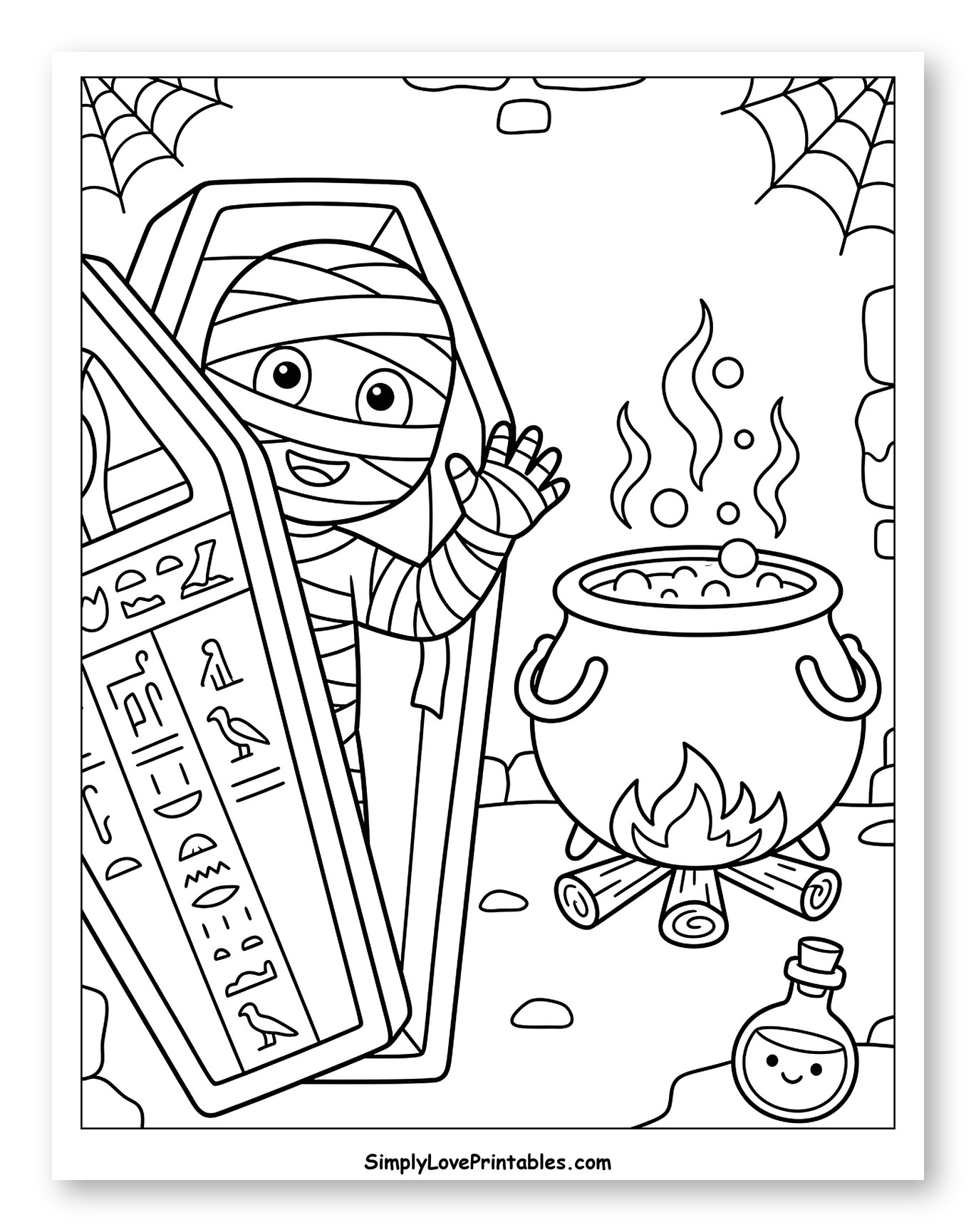 Friendly Mummy Waving from Coffin with Cauldron