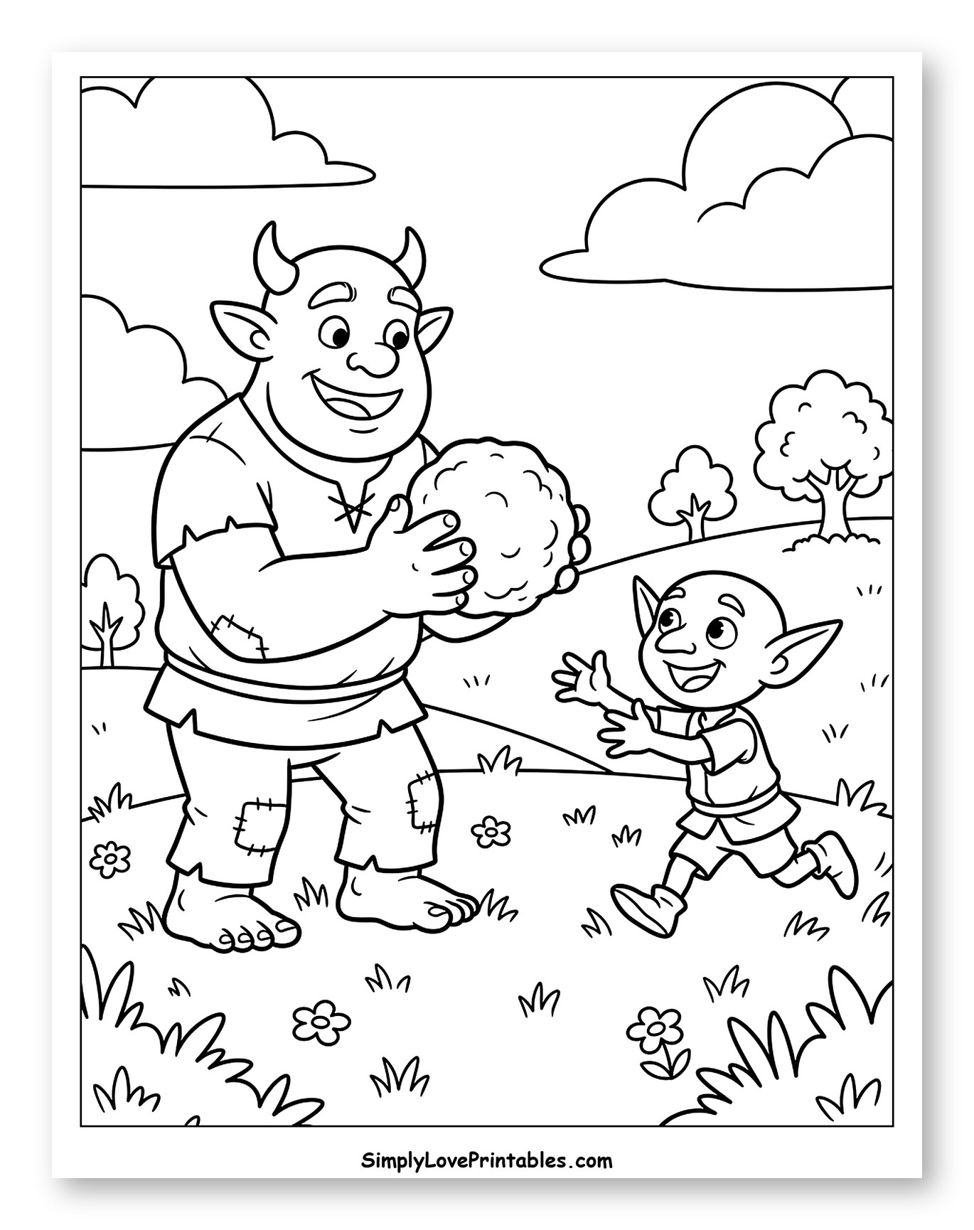 Friendly Ogre and Goblin Playing Ball to Color for Kids