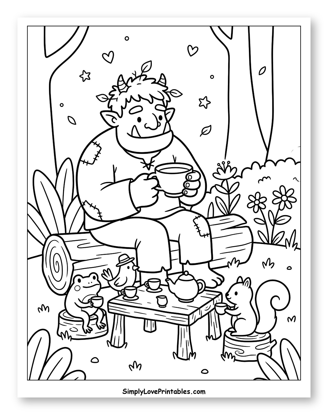 Friendly Ogre Enjoying Tea with Woodland Animals
