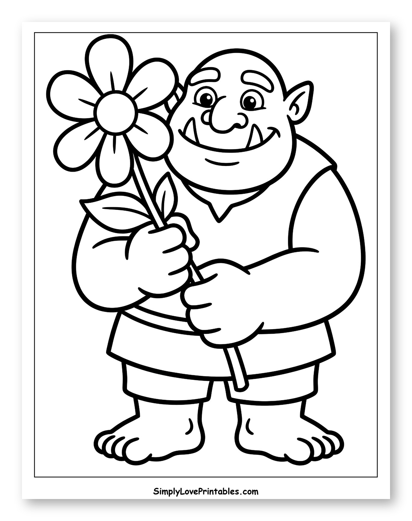 Friendly Ogre Holding a Flower Coloring Sheet for Toddlers