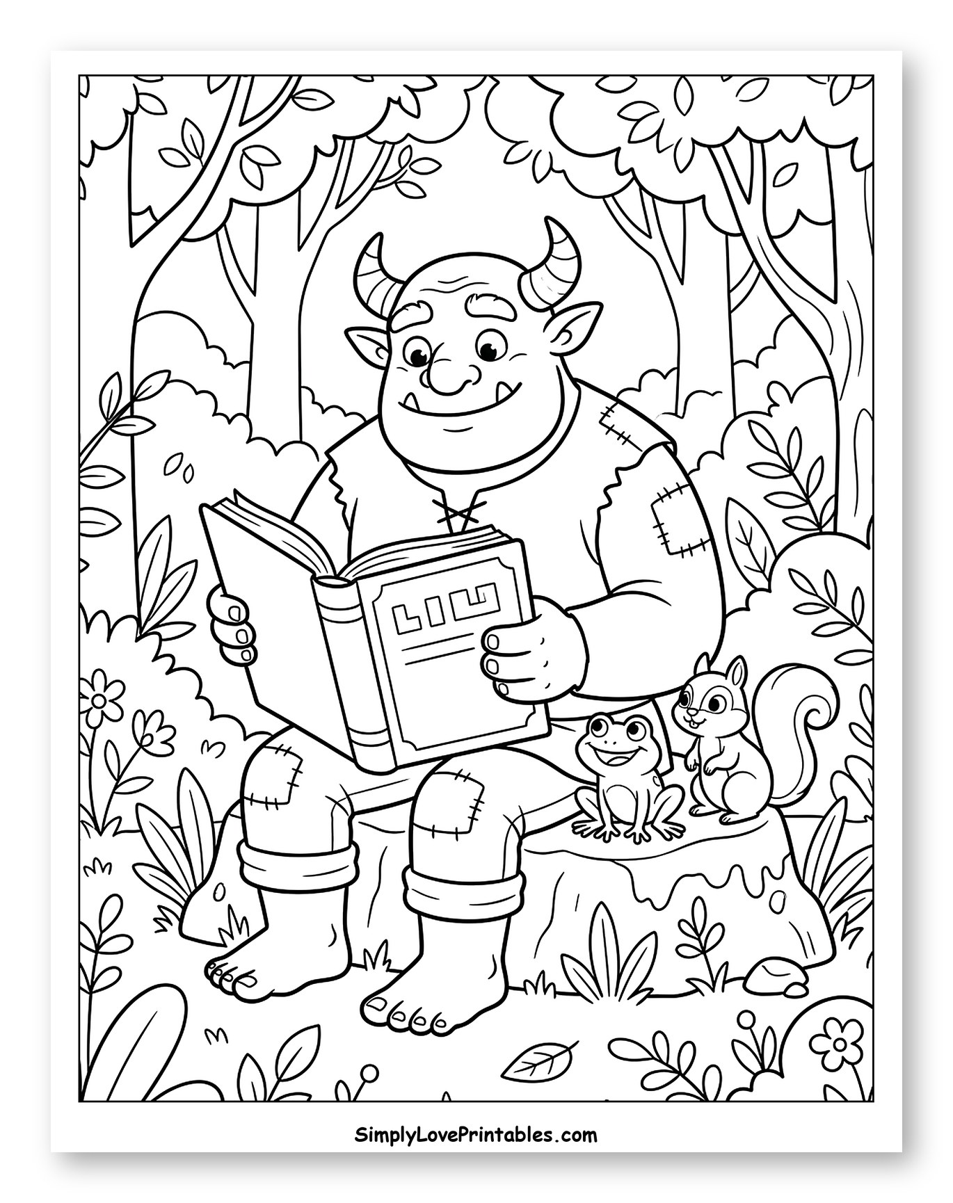 Friendly Ogre Reading Book to Forest Animals