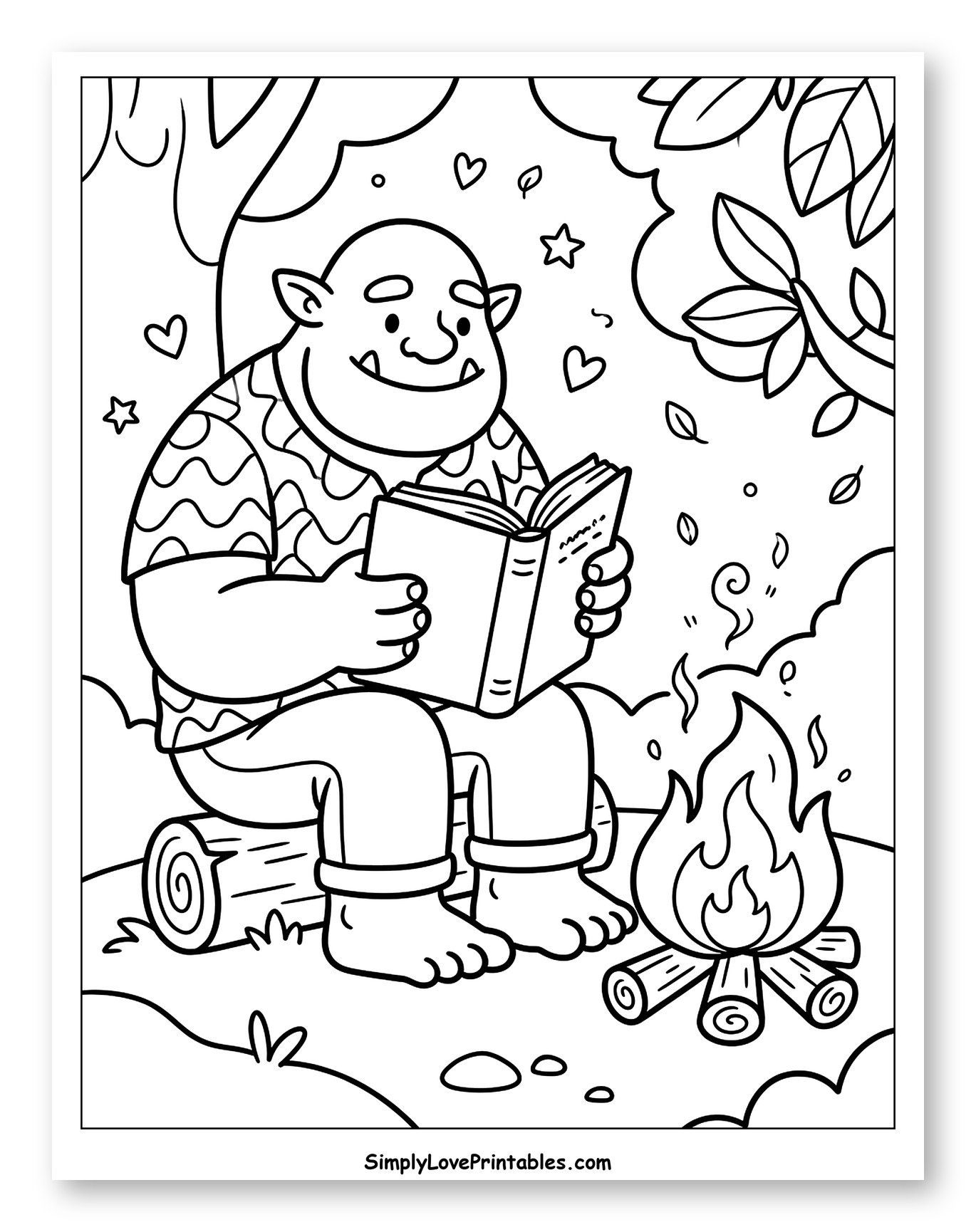 Friendly Ogre Reading Outdoors with Campfire Coloring Sheet for Adults