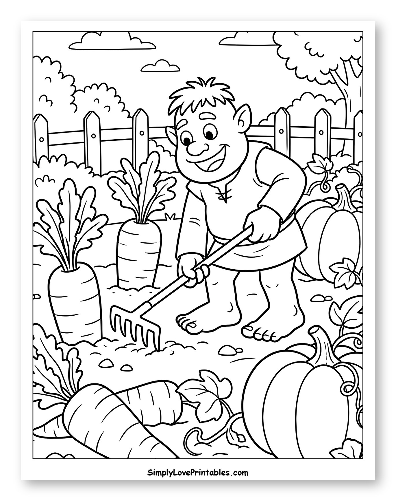 Friendly Ogre Tending His Vegetable Garden to Color for Kids