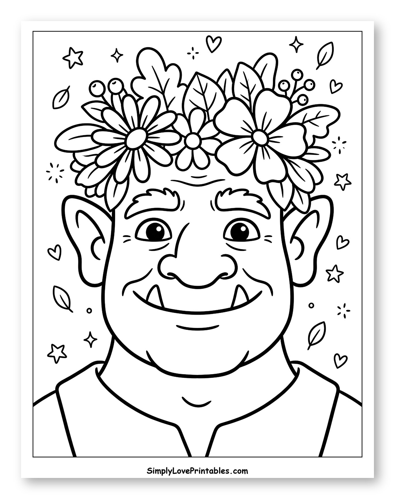Friendly Ogre Wearing a Flower Crown to Color for Adults