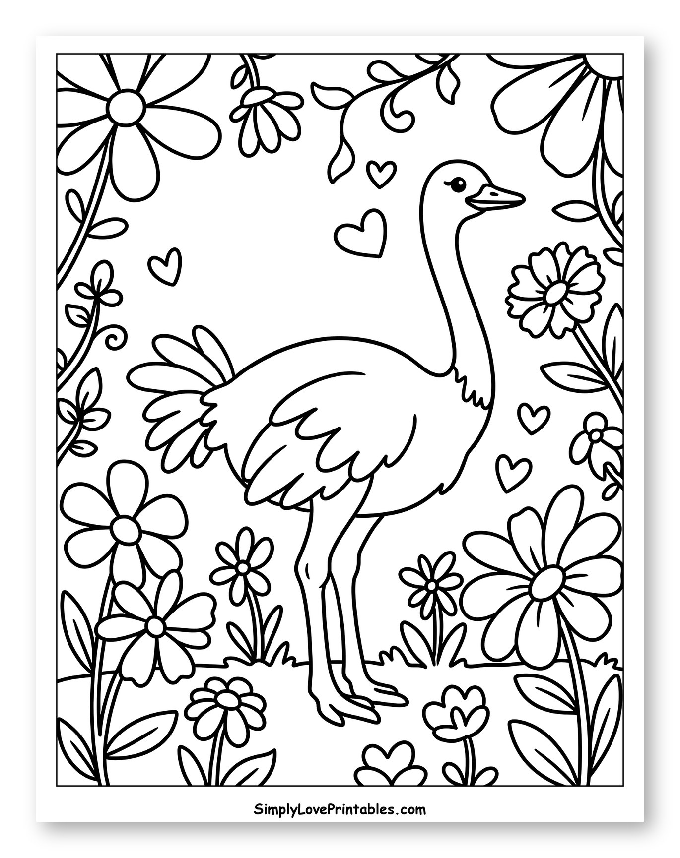 Friendly Ostrich in a Floral Scene Coloring Sheet for Adults
