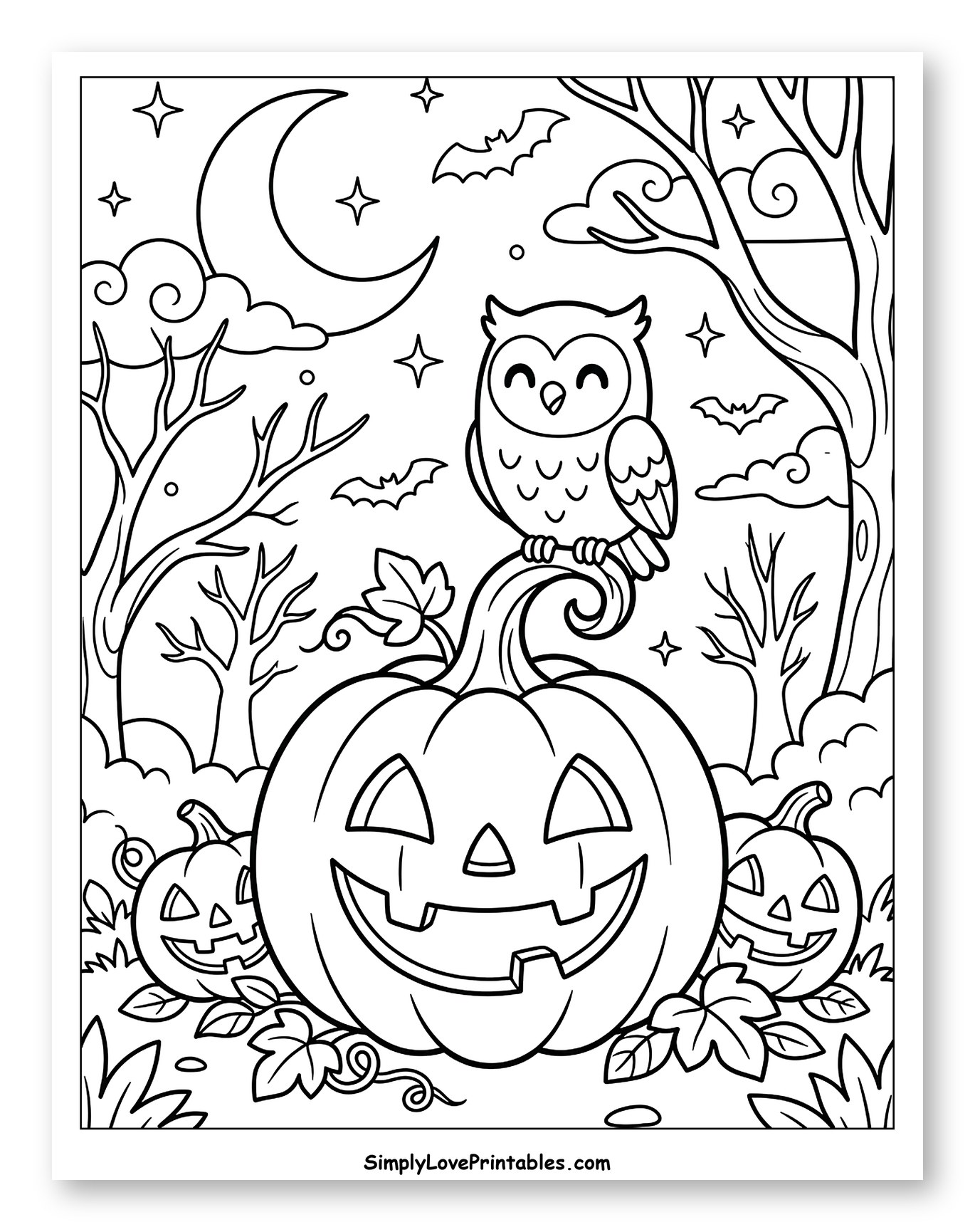Friendly Owl on Jack-o'-Lantern with Bats