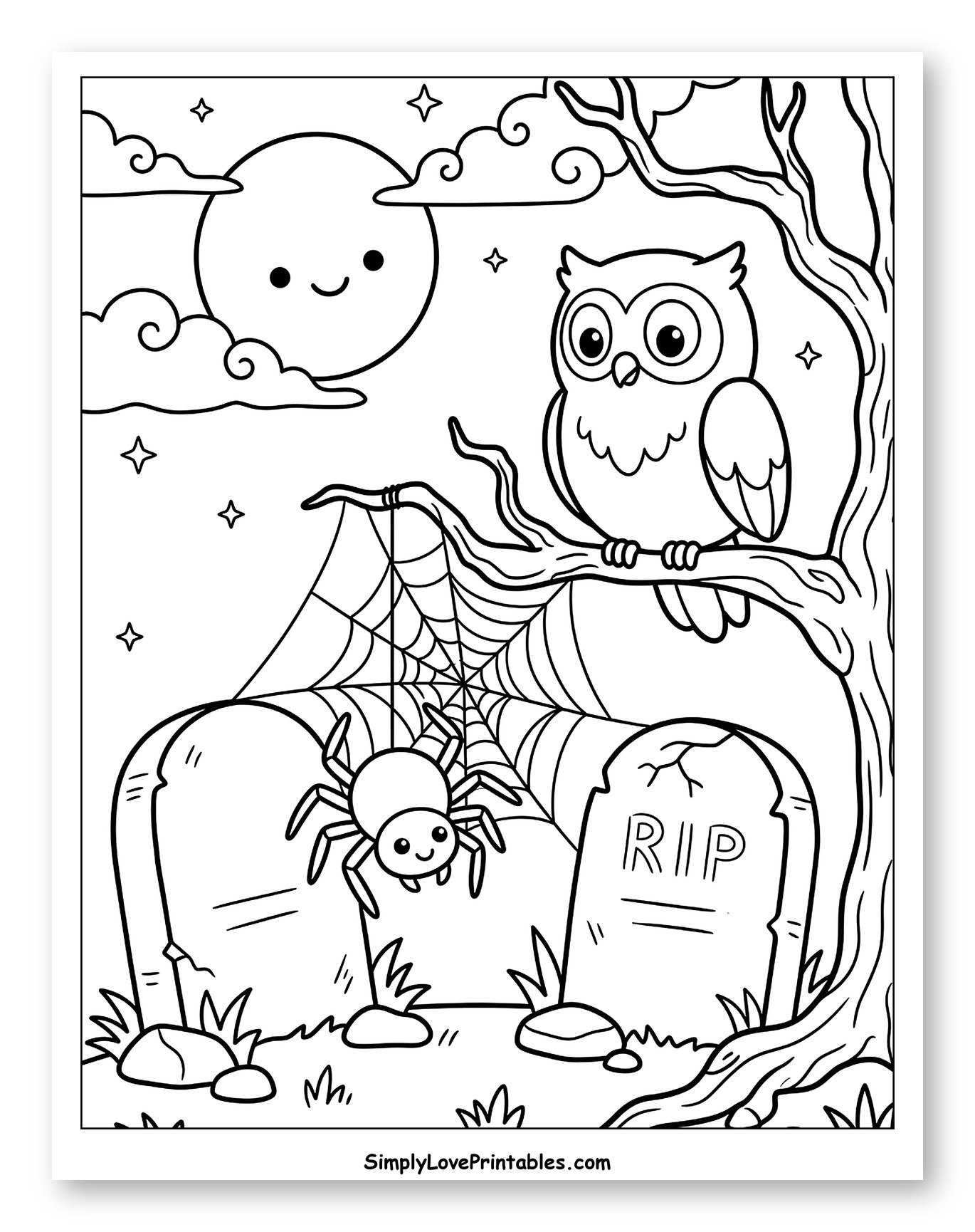 Friendly Owl, Spider, and Moon Halloween Scene