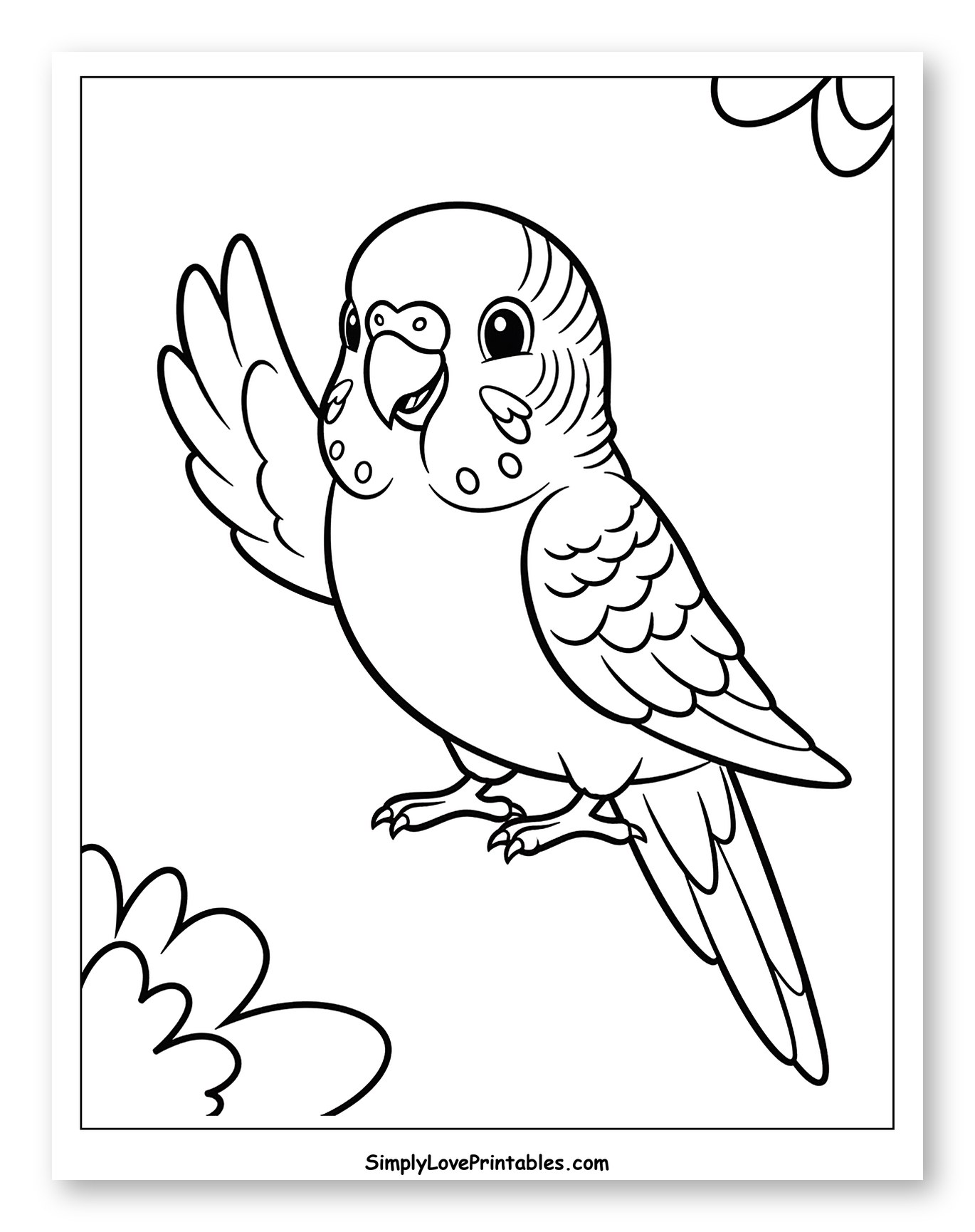 Friendly Parakeet Waving with Fluffy Clouds Coloring Sheet for Toddlers
