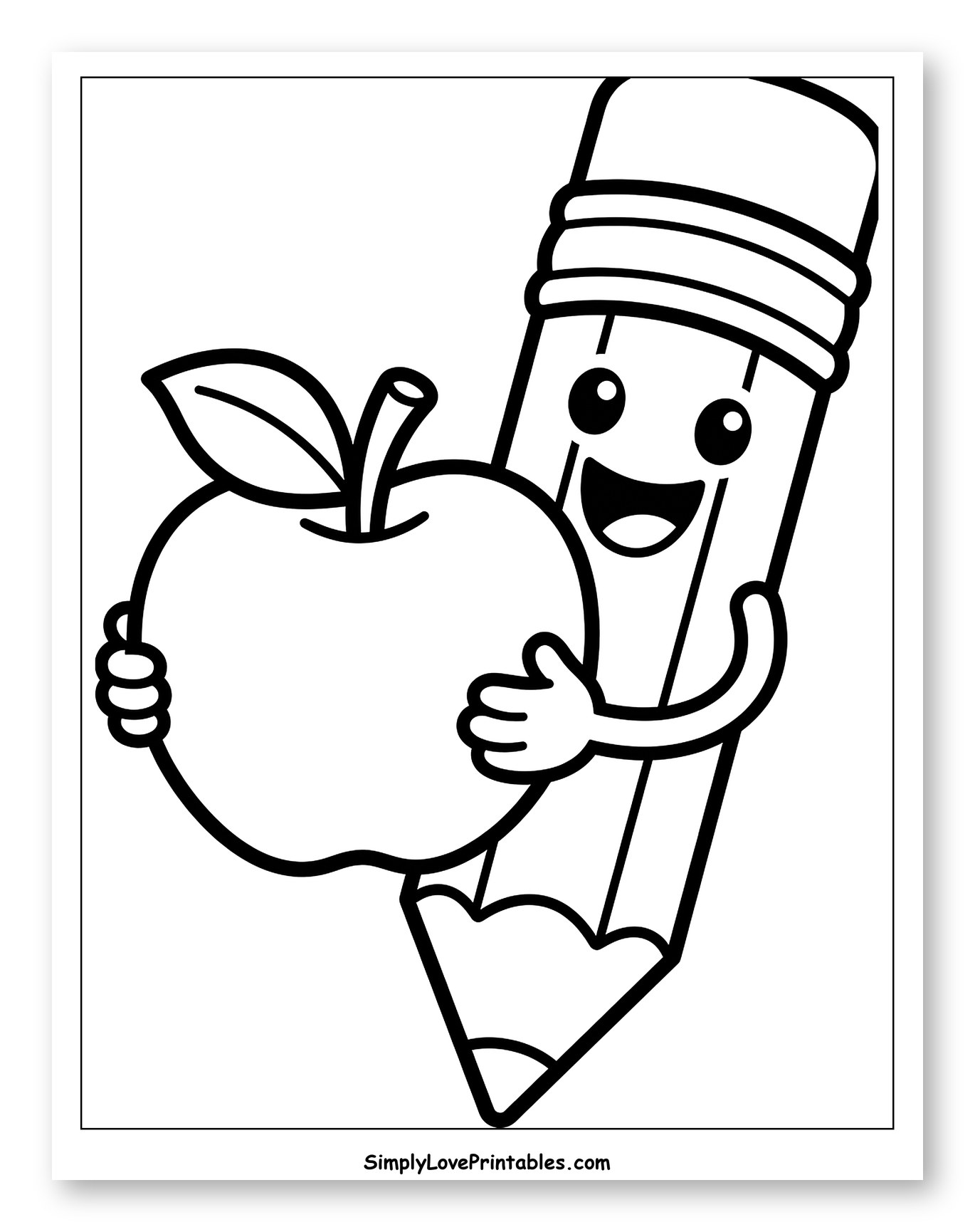 Friendly Pencil Holding a Big Apple Coloring Sheet for Toddlers