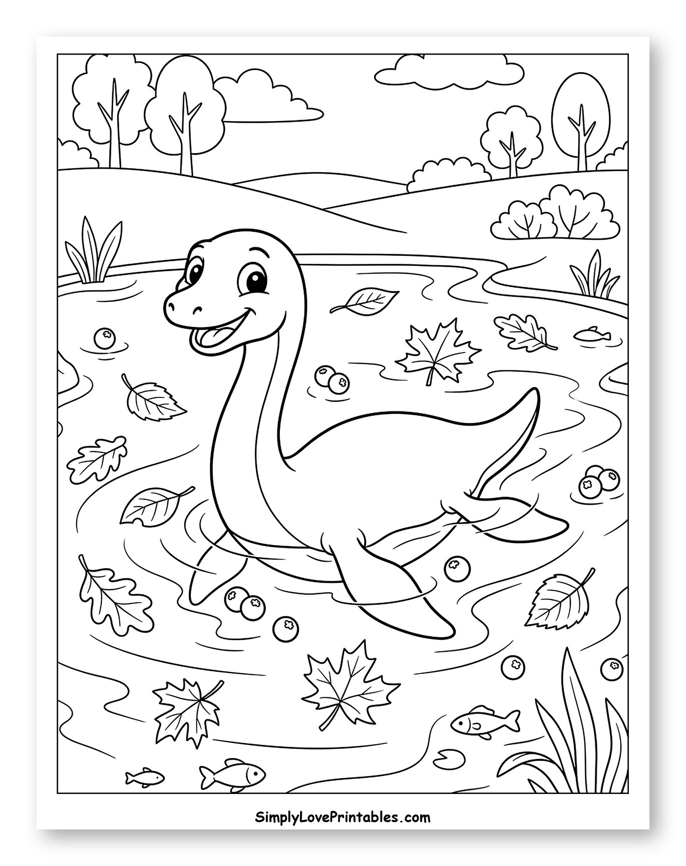 Friendly Plesiosaur Swimming with Autumn Leaves Coloring Sheet for Kids